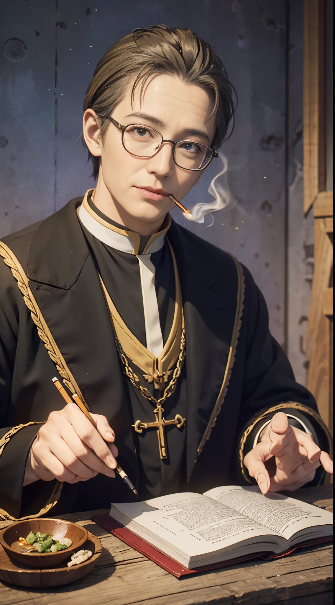 8k, best quality, highres, realistic, real person, A clergy character with glasses and short hair, who, despite being a cleric, enjoys a drink and a cigarette. The cleric's attire is a blend of traditional and modern elements, reflecting their unconventional personality. The setting is a dimly lit, cozy space, suggesting a private retreat where the clergy can unwind. The character's demeanor is relaxed and a bit mischievous, adding an interesting contrast to their holy profession.