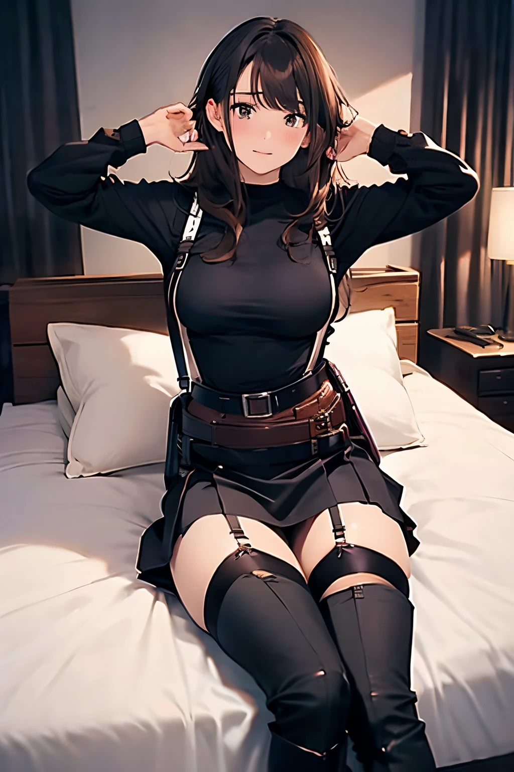 Brown hair、watching at viewers black suspenders Bulging big breasts walls: Black miniskirt garters Gaze Small face bangss holster Belt Armament Beautuful Women srestrained hands up Lying in bed Leg holster lying on the bed Gaze black boots panty shot