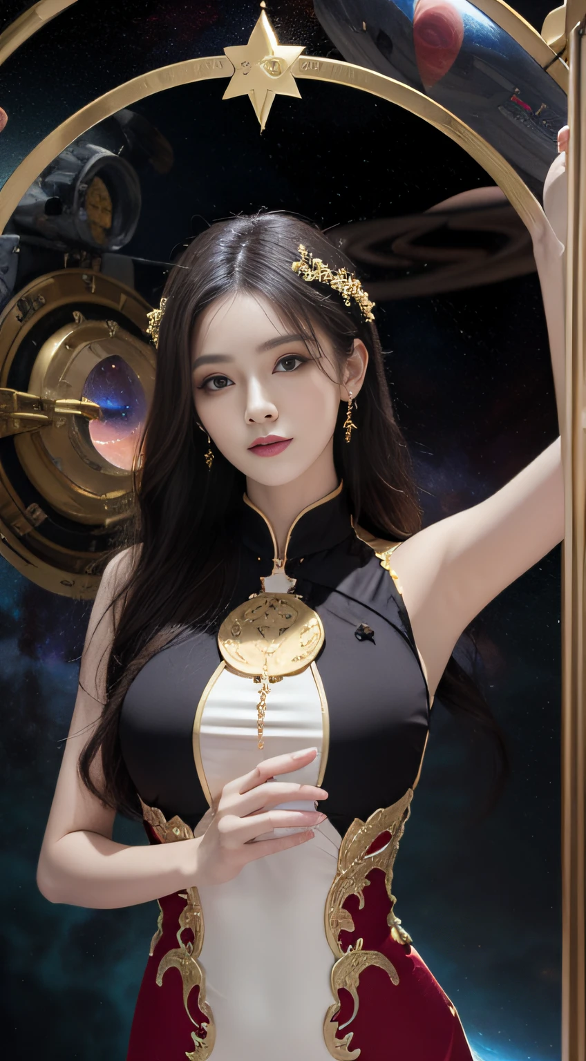 1 goddess of the zodiac from the future, wear the ao dai of the goddess of the zodiac to cover her chest, the goddess of the zodiac wears a bright yellow gold bodice, the goddess radiates a bright pink purple zodiac aura, the stars have the shape of the 12 zodiac signs, the goddess of the zodiac wearing a golden zodiac ao dai with many black details, the mythical goddess of the 12 zodiacs from the future, Zodiac sign ♏, zodiac style, dark and mystic version, Plump boobs, Red lips are balanced and very beautiful, character by karol bak and pino daeni, intricate details, detailed background, many object of background, extra highly detailed, magic lighting, a woman, clearly drawn face, beautiful face and symmetry eyes, big round eyes and very beautiful and detailed makeup, distant focus, silk clothing, mystic adornment, upper body portrait, arms loose, Realistic and vivid photo, (stars that make up the zodiac: 1.7), (zodiac sky background and fantasy portal of space and time: 1.8 ), fiction art, RAW images, style fantasy hanfu, long sleeves that cover 2 hands, 2 outstretched arms,