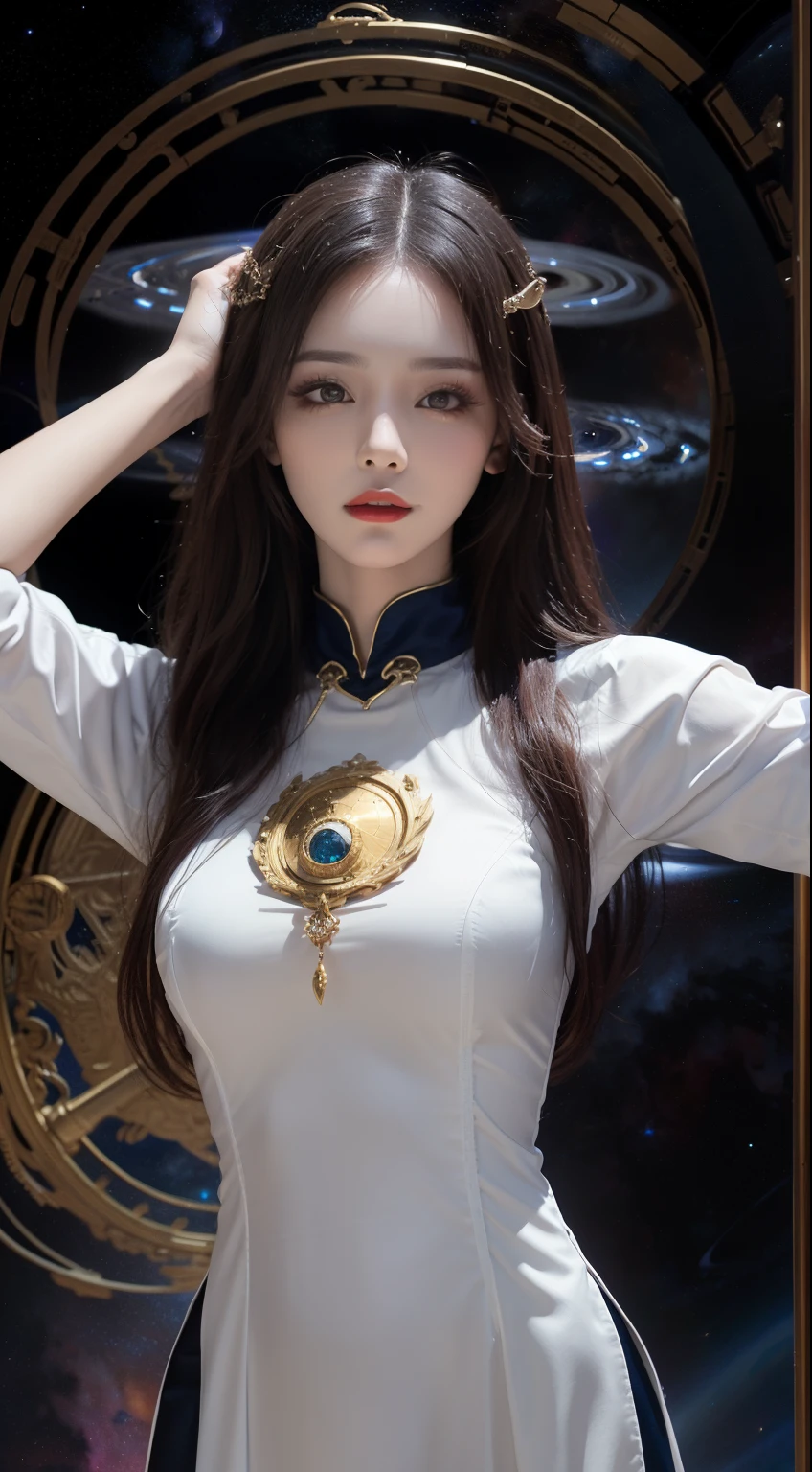 1 goddess of the zodiac from the future, wear the ao dai of the goddess of the zodiac to cover her chest, the goddess of the zodiac wears a bright yellow gold bodice, the goddess radiates a bright pink purple zodiac aura, the stars have the shape of the 12 zodiac signs, the goddess of the zodiac wearing a golden zodiac ao dai with many black details, the mythical goddess of the 12 zodiacs from the future, Zodiac sign ♏, zodiac style, dark and mystic version, Plump boobs, Red lips are balanced and very beautiful, character by karol bak and pino daeni, intricate details, detailed background, many object of background, extra highly detailed, magic lighting, a woman, clearly drawn face, beautiful face and symmetry eyes, big round eyes and very beautiful and detailed makeup, distant focus, silk clothing, mystic adornment, upper body portrait, arms loose, Realistic and vivid photo, (stars that make up the zodiac: 1.7), (zodiac sky background and fantasy portal of space and time: 1.8 ), fiction art, RAW images, style fantasy hanfu, long sleeves that cover 2 hands, 2 outstretched arms,