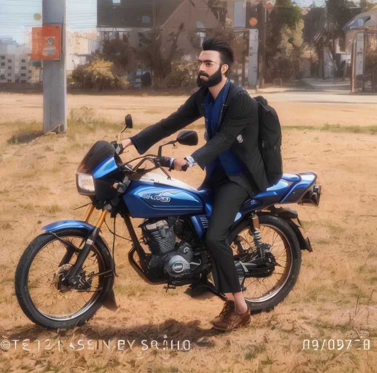 Realistic photo with gixer sf 150 blue super bike in my face little beard and a black suit in body