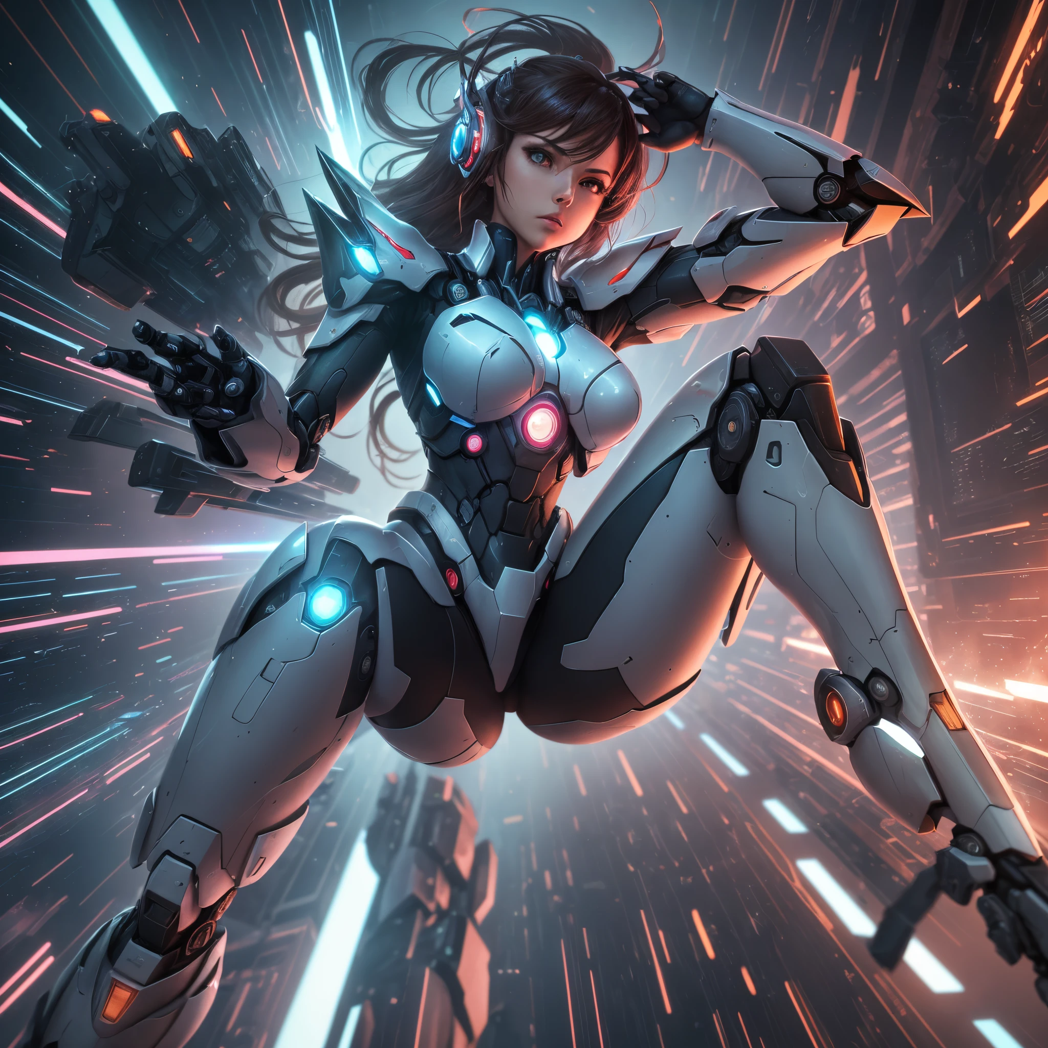 Earms-prima in UHD, comic-book style, portraying a mecha woman in the middle of a cyber attack. | In the center of the image, the heroine appears in an impactful pose, ready to face a DDOS attack. Its imposing and fearless presence dominates the scene, standing out against a  and futuristic sci-fi background. | Lines and digital elements adorn the environment, creating a technological and intense atmosphereposition strategically centered on the figure of the mecha woman, emphasizing her strength and heroism. | Cinematic lighting effect highlights the metallic parts of the strand, creating dynamic shadows that amplify the intensity of the moment. | Captivating scene of a mecha woman in a heroic pose, ready to face a DDOS attack | The camera, positioned close to the character, reveals her entire body as she adopts a dynamic pose, interacting and leaning on a technological structure. Dynamic inclinations and recoss add life to the composition. | (perfect_pose), She  adopting a ((dynamic_pose as interacts, boldly leaning on a large structure, leaning back in a dynamic way):1.erfect_hands), (perfect_fingers), (perfect_legetter_handig, ((full body)), More Detail --auto --s2