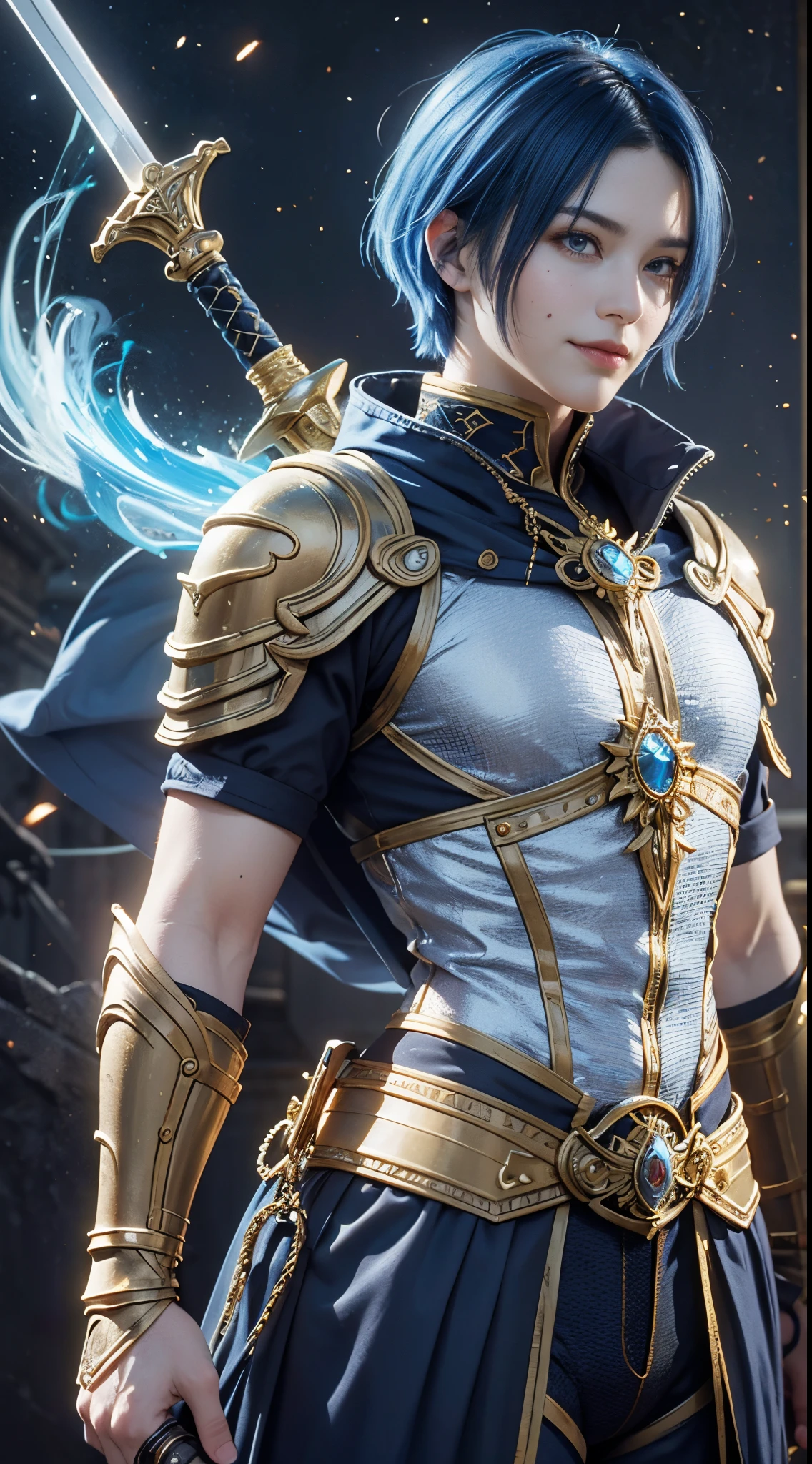 8k, best quality, highres, realistic, real person, A heroic character with silky blue bobbed hair, holding a legendary sword. The hero is narcissistic and smirking, with a mole on their cheek, embodying a unique blend of charm and confidence. The hero's attire is a combination of classic hero garb and stylish modern elements. The sword is intricately designed, shining with magical energy. The background reflects a grand adventure, with a sense of epic fantasy and heroism.