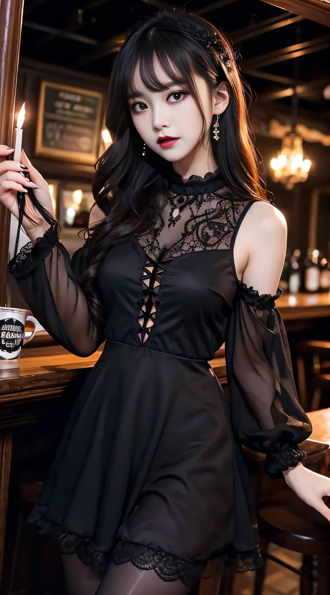 LTRA Details、Fascinating beauty、Dainty woman、Cool Girl、Wavy Hair、Black chiffon dress、Wide sleeves、flered skirt、Black pantyhose、Evil Female Executive、Evil Fall、brainwash、lacy fabric、Glossy legs、black lipstick、Evil look、Suspicious look、Hollow eyes、wicked、Reaching out、Arms up、in a dark pub