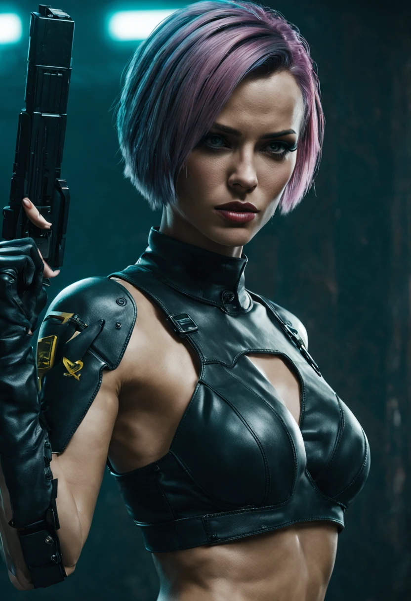 cyberpunk 2077 images/Sexy outfits/caucasian female/Skinny body/Face in early 20s/s whole body/Big/hand cannon/Dynamic Pose/Short hair/thick and sexy lips
