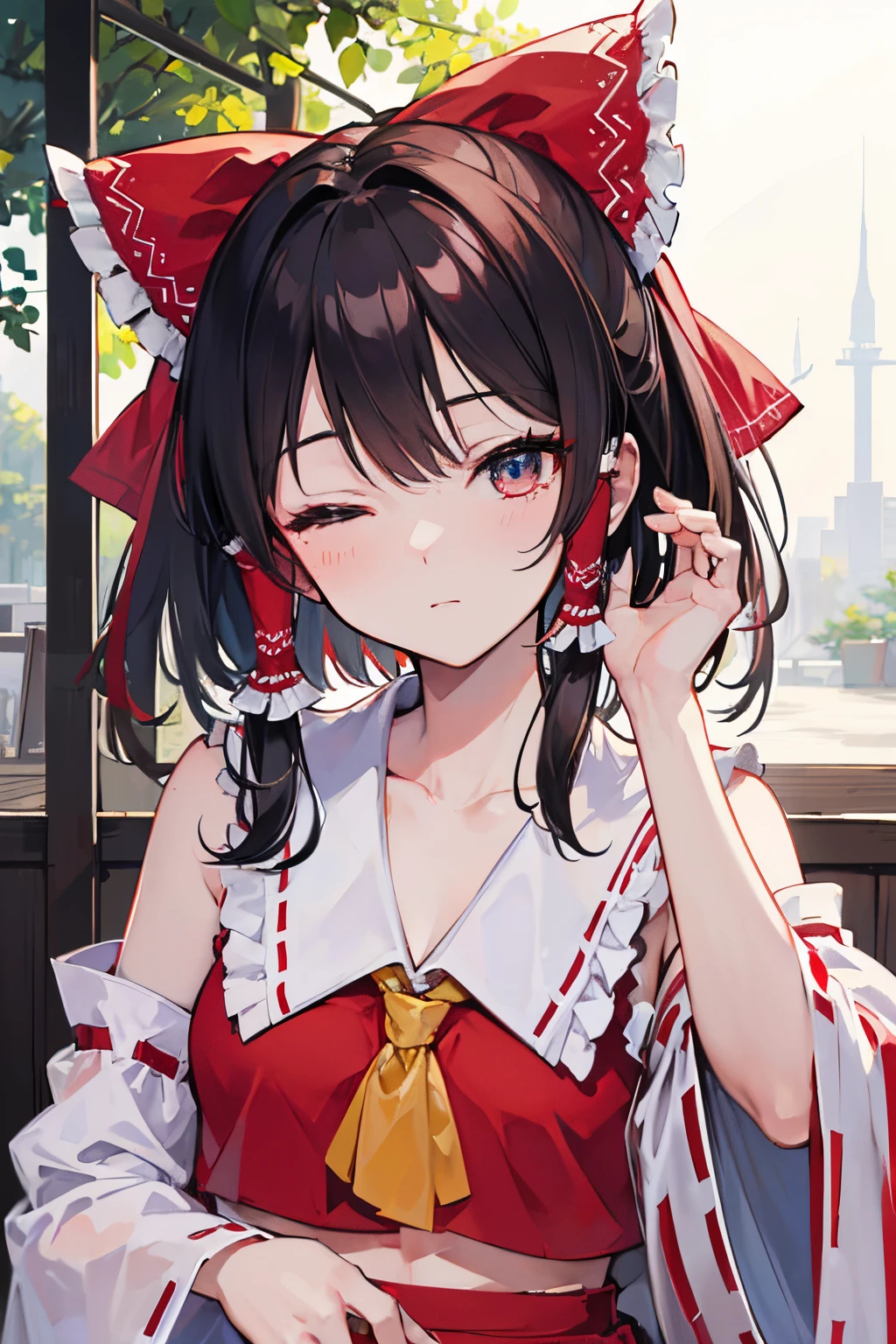 masterpiece, fine detail, 4k, 8k, 12k, solo, solo, beautiful girl, caucasian female, sideways, eyes closed Reimu Hakurei