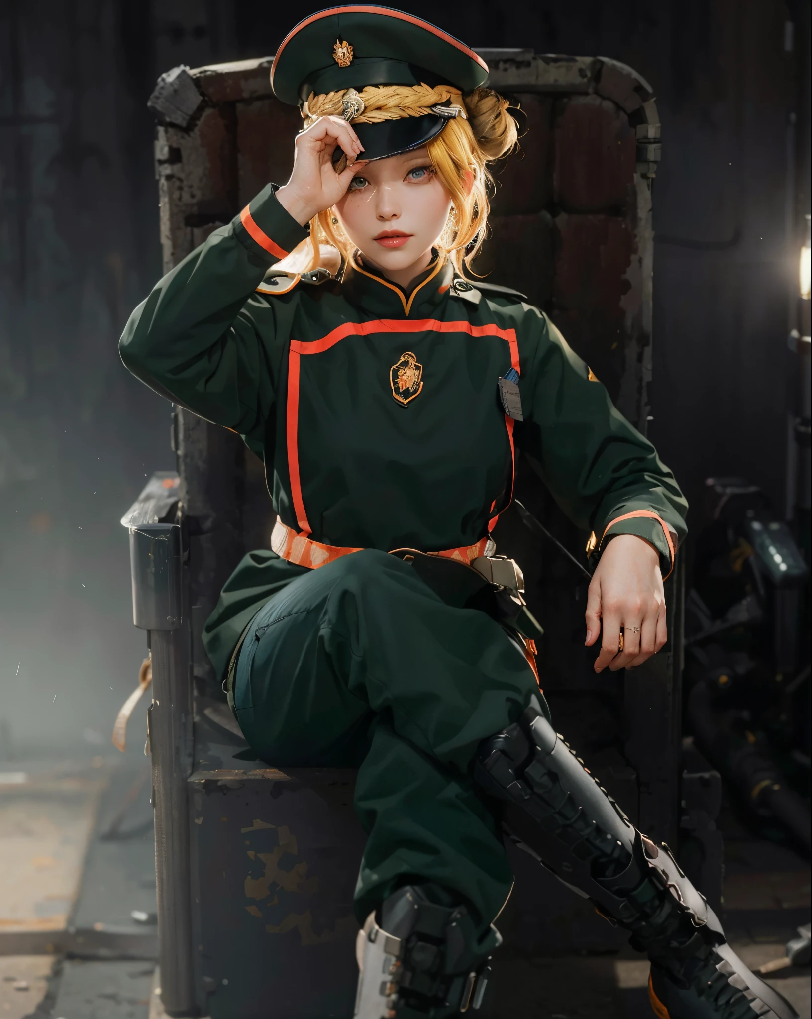 ((Tanya von Degurechaff Youjo Senki)),((realistic, photorealistic)),(highlight hair)), Light reflection, (( HD )), navel, detached sleeves,((upper body)), (((best quality, masterpiece))),Dressed as a war soldier, with a war hat on his head, yellow hair, sitting in the position of the main character,World war destruction background,Britt Baker portrait photo beautiful woman hair updo upsweep nightclub sitting on luxury bench Black (masterpiece) (best quality) (detail) (8k) (HDR) (wallpaper) (cinematic lighting) (sharp focus)