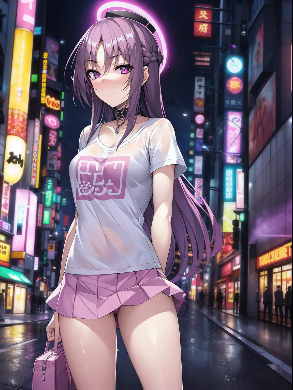 masterpiece, best quality, 1girl, purple hair,pink eyes, long hair,(small breasts),standing on street, (collar T-shirt), underwear straps, pink Skirt, front view, standing,City Night, Neon light, Background Tokyo street, taxi, dating, shy,headwear, hands behind back