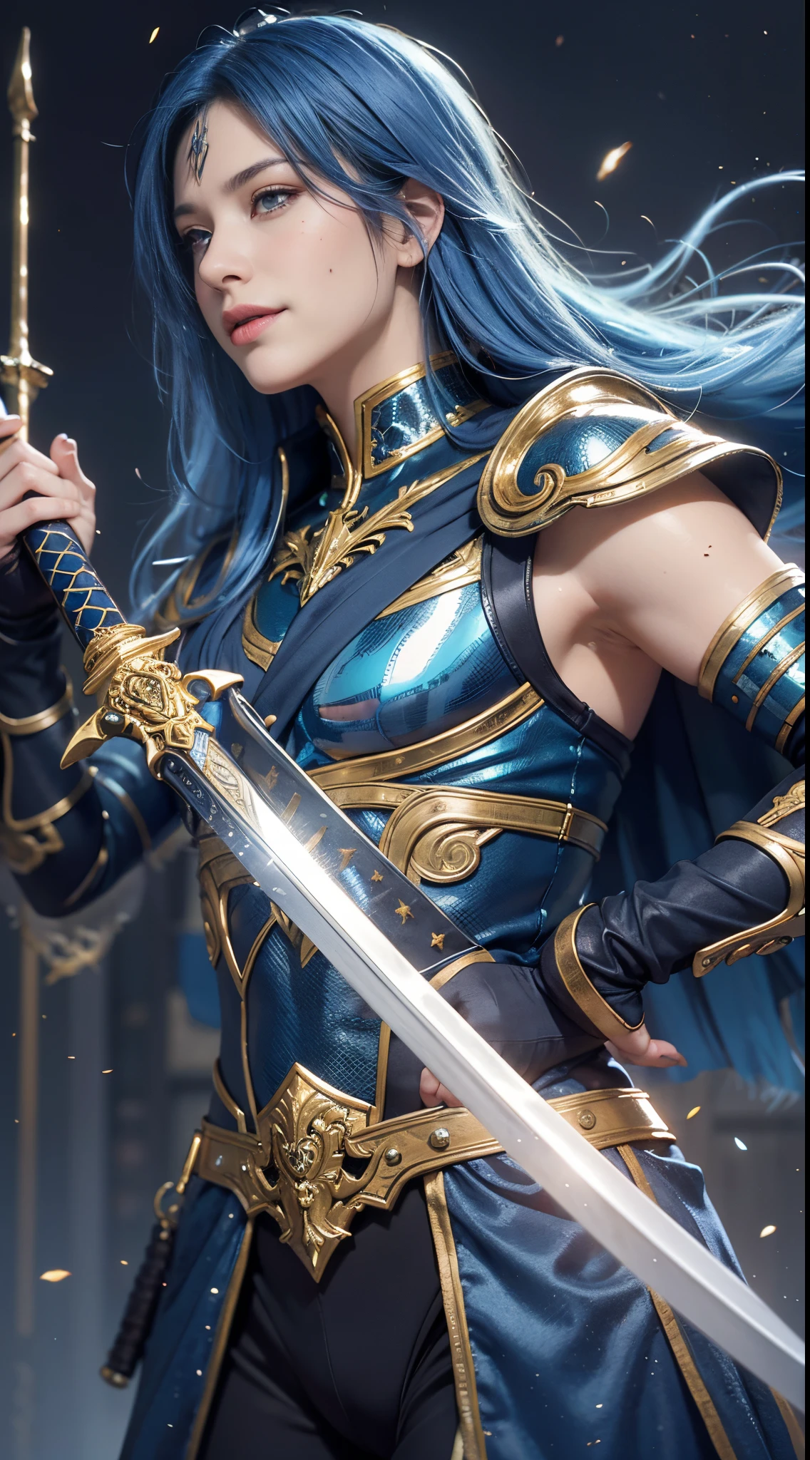 8k, best quality, highres, realistic, real person, A heroic character with silky blue bobbed hair, holding a legendary sword. The hero is narcissistic and smirking, with a mole on their cheek, embodying a unique blend of charm and confidence. The hero's attire is a combination of classic hero garb and stylish modern elements. The sword is intricately designed, shining with magical energy. The background reflects a grand adventure, with a sense of epic fantasy and heroism.