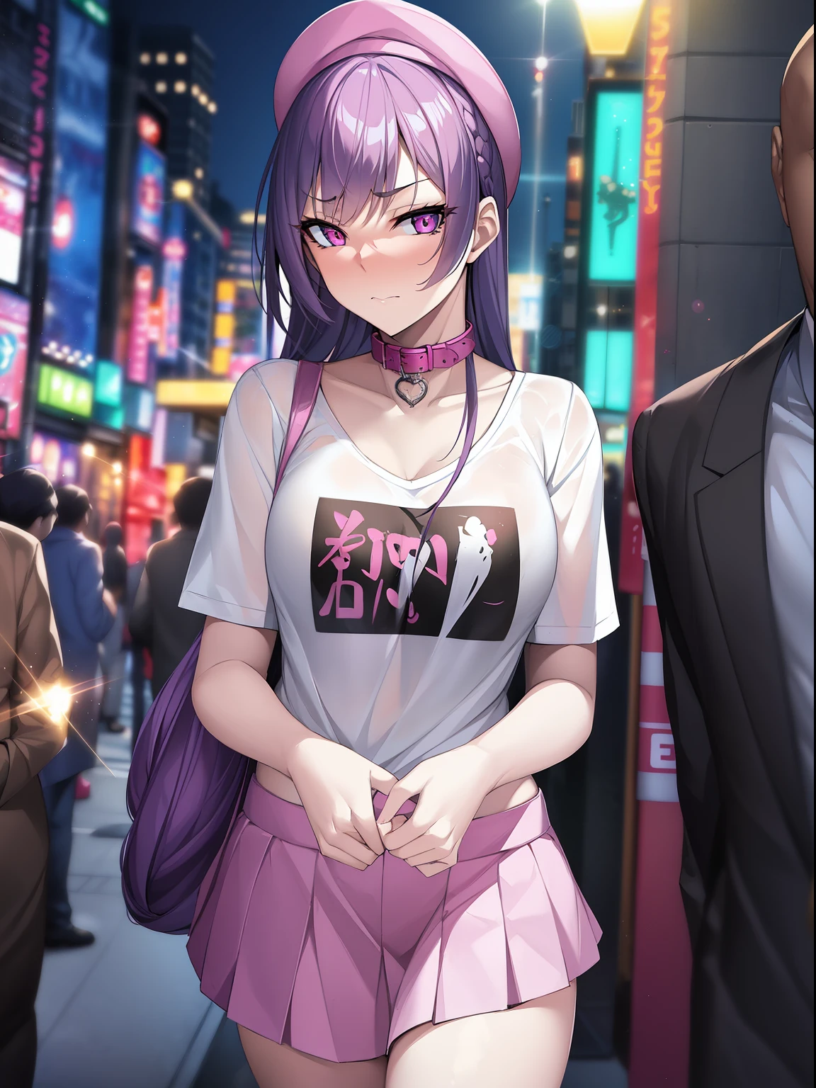 masterpiece, best quality, 1girl, purple hair,pink eyes, long hair,(small breasts),standing on street, (collar T-shirt), underwear straps, pink Skirt, front view, standing,City Night, Neon light,  Background Tokyo street, taxi, dating, shy,headwear, hands behind back