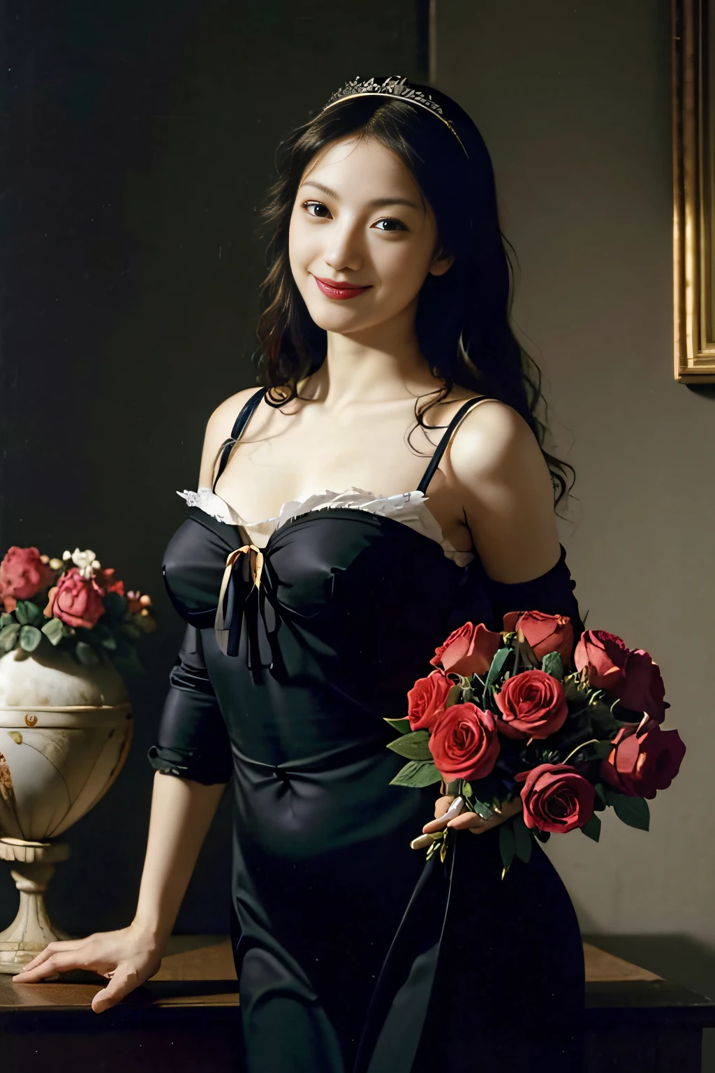 Chiaroscuro of Caravaggio,Math、Astronomical utensils,astronault,Roses in a vase,fruits,cute little,A smile,Ancient Greek costumes,Paintings by Sandro Botticelli,Costume with stretched shoulders,huge smile,large full breasts,Ecstasy expression,A sexy,erotick,Seduce you,Underwear