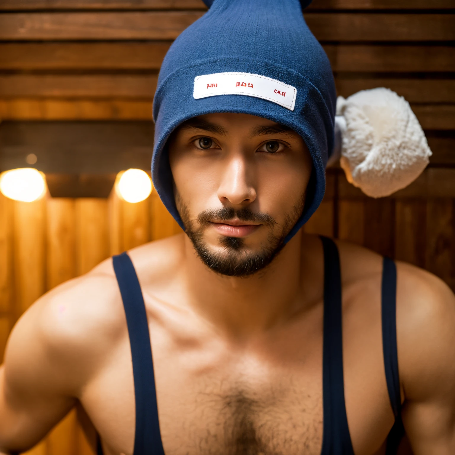 man wearing sauna hat