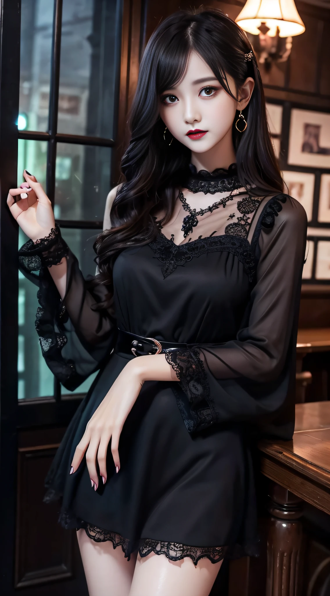 LTRA Details、Fascinating beauty、Dainty woman、Cool Girl、Wavy Hair、Black chiffon dress、Wide sleeves、flered skirt、Evil Female Executive、Evil Fall、brainwash、lacy fabric、Glossy legs、black lipstick、Evil look、Suspicious look、Hollow eyes、wicked、Reaching out、Arms up、in a dark pub