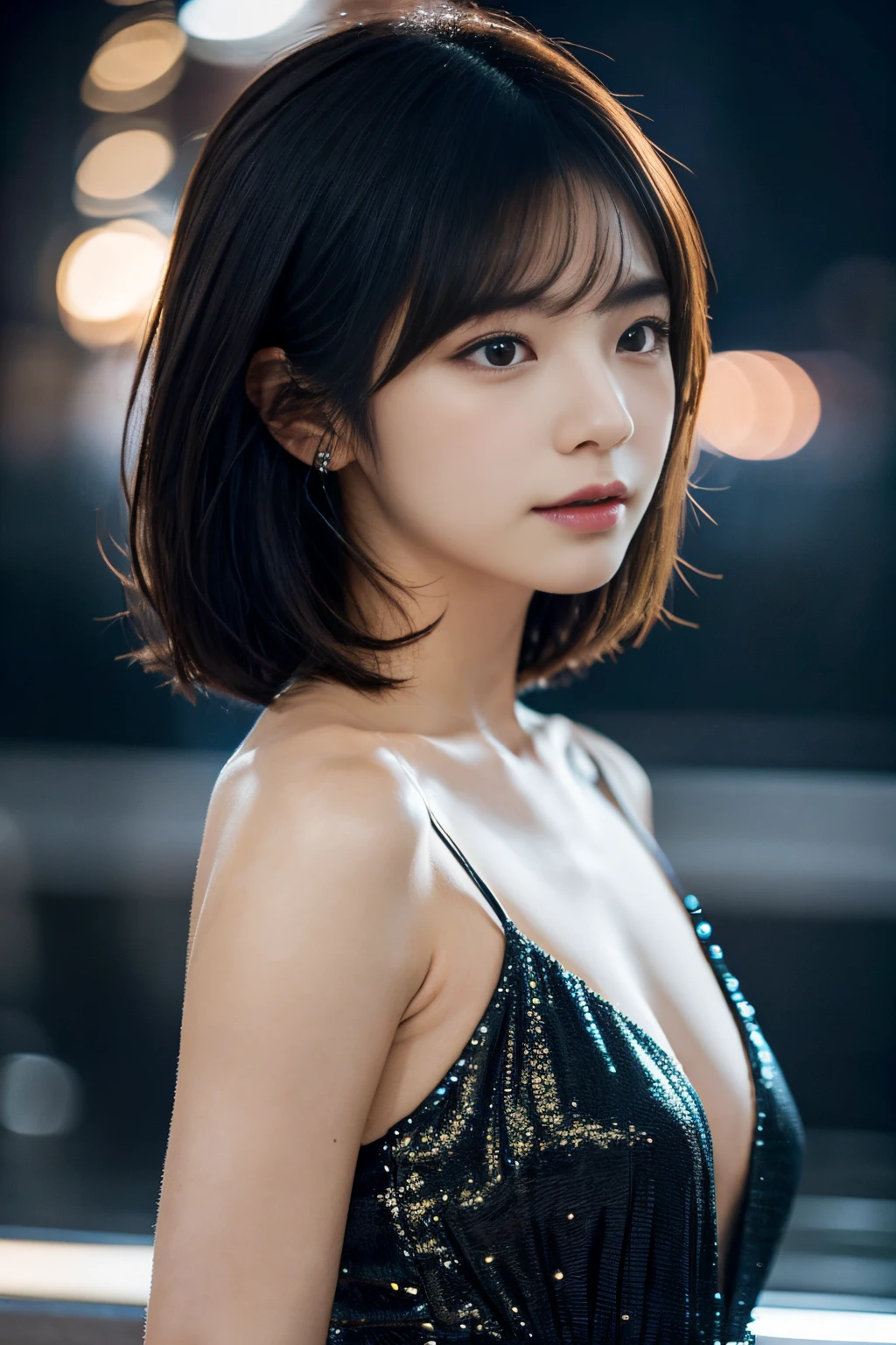 Glittering night view、back view of chic black dress、provocative profile、Beautiful Japan actress、short-haired、sakimichan、cinematric light, realisticlying, best qualtiy, Complex CG,Highly detailed face,High detail eyes,