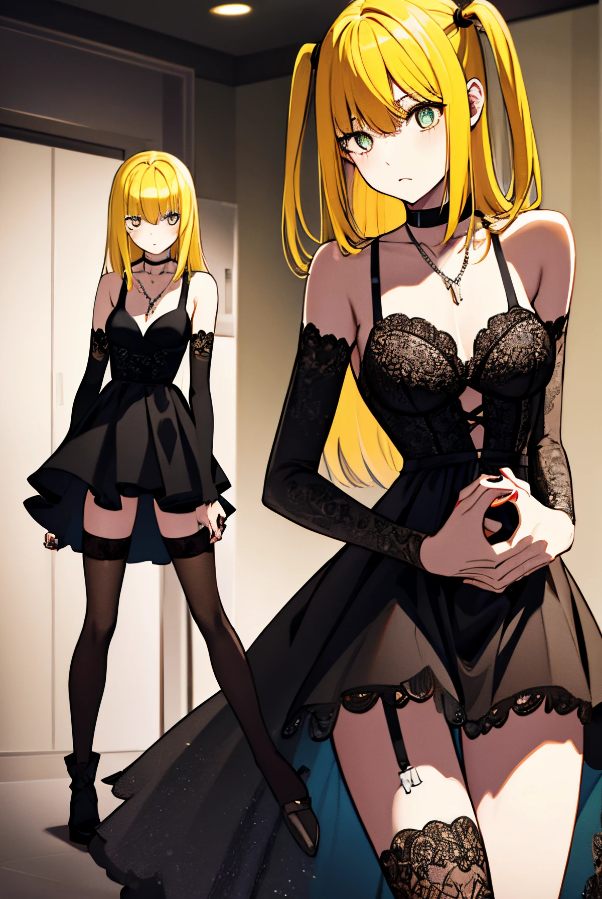 misaamane, misa amane, long hair, bangrown eyes:1.7), (yellow hair:1.5), blunt bangs, (two side up:1.5), red lips, lipstick,
BREAK thighhighs, dress, jewelry, collarbone, boots, detached sleeves, choker, black thighhighs, necklace, black footwear, black dress, sleeveless dress, garter straps, black choker, short dress, floral print, cross, red nails, cross necklace,
BREAK looking at viewer,
BREAK indoors,
BREAK (masterpiece:1.2), best quality, high resolution, unity 8k wallpaper, (illustration:0.8), (beautiful detailed eyes:1.6), extremely detailed face, perfect lighting, extremely detailed CG, (perfect hands, perfect anatomy),