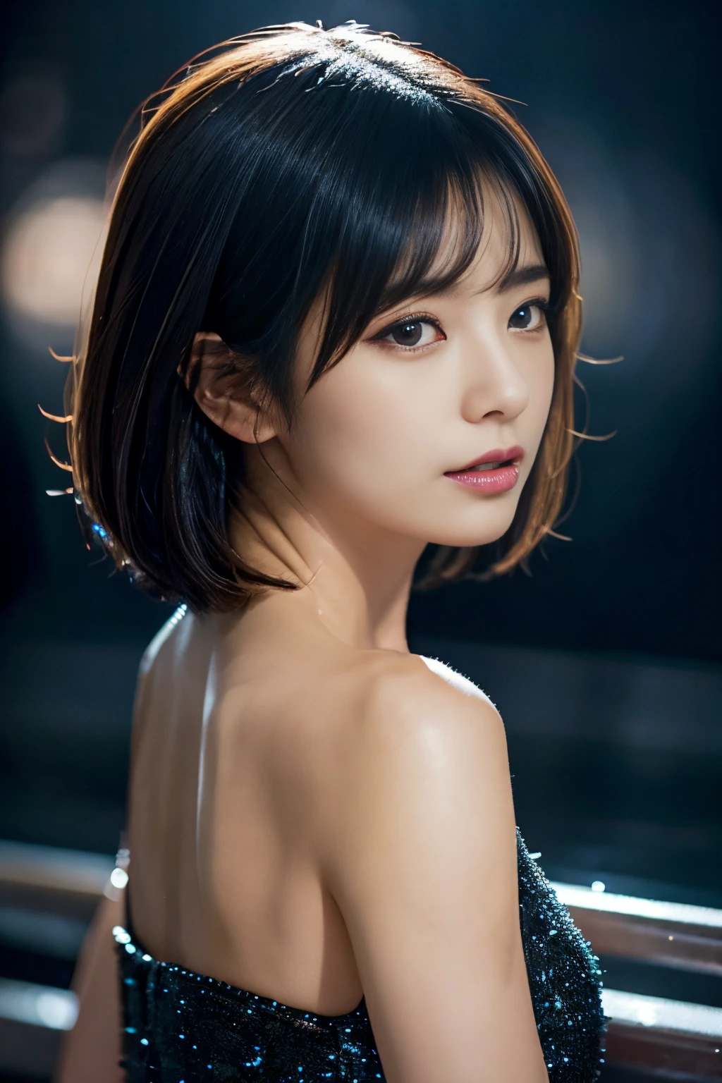 Glittering night view、back view of chic black dress、provocative profile、Beautiful Japan actress、short-haired、sakimichan、cinematric light, realisticlying, best qualtiy, Complex CG,Highly detailed face,High detail eyes,