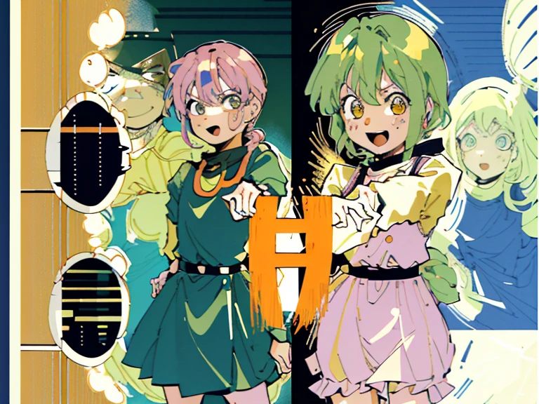 supreme， green down jacket，lime color hair，pink eyes，Standing on your feet，submachine gun，Detailed Genshin graphics，1girl in, ((Character information)、(Chara Leaf)、pastel dimmed colors, (Yellow color palette.:1.2, Blue:1.2, Pink:1.2), (Blue hair bun and blonde), Short fashionable skirt, Ruffles and lace, polka dot,(Lush pastel dresses),  girl,Type sheet, Character Sheets, Three types，Shot Full Body，Game Character Design, green color, Green hoodie，
