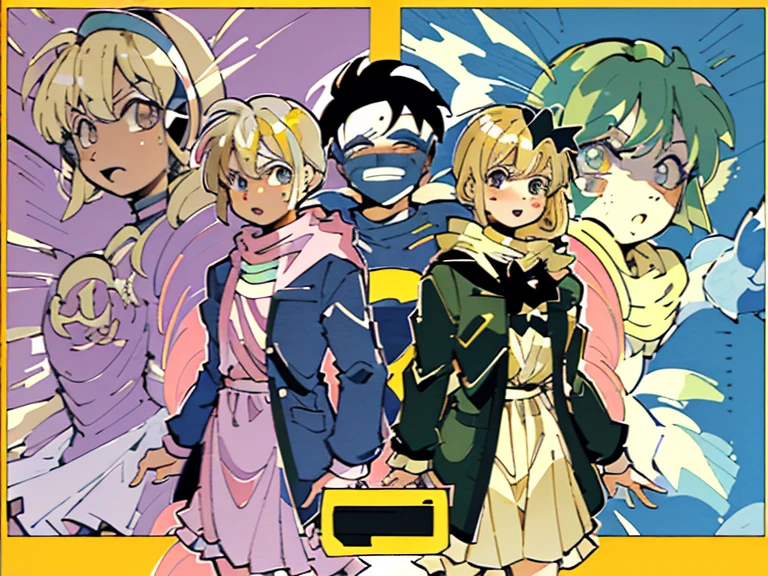 supreme， green down jacket，lime color hair，pink eyes，Standing on your feet，submachine gun，Detailed Genshin graphics，1girl in, ((Character information)、(Chara Leaf)、pastel dimmed colors, (Yellow color palette.:1.2, Blue:1.2, Pink:1.2), (Blue hair bun and blonde), Short fashionable skirt, Ruffles and lace, polka dot,(Lush pastel dresses), petite girl,Type sheet, Character Sheets, Three types，Shot Full Body，Game Character Design, green color, Green hoodie，