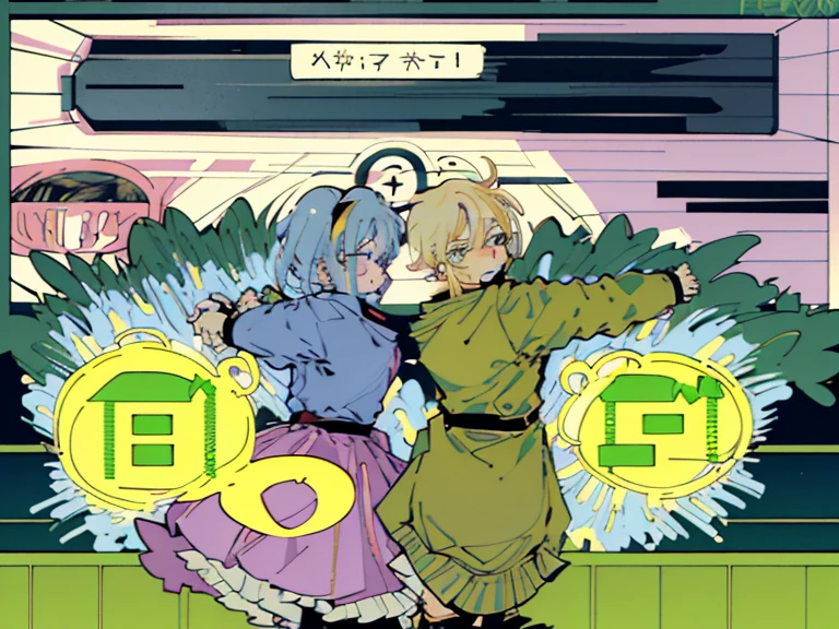 supreme, green down jacket,lime color hair,pink eyes,Standing on your feet,submachine gun,Detailed Genshin graphics,1girl in, ((Character information)、(Chara Leaf)、pastel dimmed colors, (Yellow color palette.:1.2, Blue:1.2, Pink:1.2), (Blue hair bun and blonde), Short fashionable skirt, Ruffles and lace, polka dot,(Lush pastel dresses), girl,Type sheet, Character Sheets, Three types,Shot Full Body,Game Character Design, green color, Green hoodie,