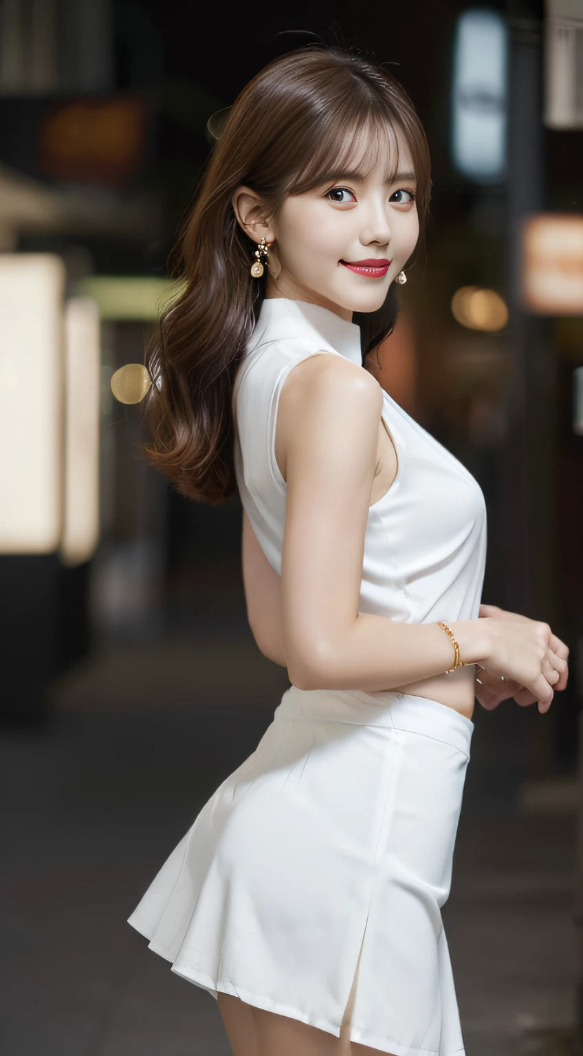 nsfw, photo brute 8K, beste-Qualit, master piece, ultra highres, grain de film, filmg, 1girl, regarder le spectateur, texture naturelle de la peau, Realistic eye and face details, full lips, lipstick, (maquillage), red eyeshadow, cheveux courts moelleux, messy hair, sourire, mouth closed, belles jambes, grande femme, maigre, slim_legs, solo, huge-breast, décolleté, Pose with your buttocks facing you, jupe ultra courte, culotte blanche apparente, cul, chemise, bel emplacement dans la nature, around the location of the flower, (detailed background), plaid skirt, chemise blanche, huge-breast, décolleté, show a small neckline through the shirt, mocassins, blured background, flou, maintien, plaid, manches courtes, ruban jk sur le cou, ruban jk, cheveux bruns, bracelet, eau, frange, uniforme scolaire, bijoux, lips parted, minora, From the side, pleated skirt, profondeur de champ, culotte blanche