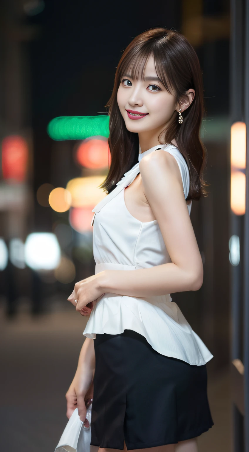 8K, masutepiece, Raw photo, Best Quality, Photorealistic, Highly detailed CG Unity 8k wallpaper, depth of fields, Cinematic Light, Lens Flare, Ray tracing, (Extremely beautiful face, Beautiful lips, Beautiful eyes), intricate detail face, ((Ultra detailed skin)) 1girl in, In the Dark, deepshadow, Pretty Korean girl, Kpop Idol, 1 girl, (Very slim and slender fit muscular body:1.3), ((Looking at Viewer)),(Big smile:1.3), (Midnight, a dark night, (Neon sign), (Blurred background), Dim light), (No people in the background:1.3), Beautiful earrings, Bracelets, Necklace, pantyhose, Clear eyes, Bending , Front shot, (pale skin), (big eye ace forward, (Full body shot), (Brown hairs), open navel, (Looking at Viewer:1.3), Very slim, medium breasts, (Camel toe), thick thighs, turn back, (fluttering mini dress), ((White Collar Dresses)), (Tight skirt), ((backtrack, Back shot)), (Ultra mini skirt), exposed ass, (Upskirt Shot)