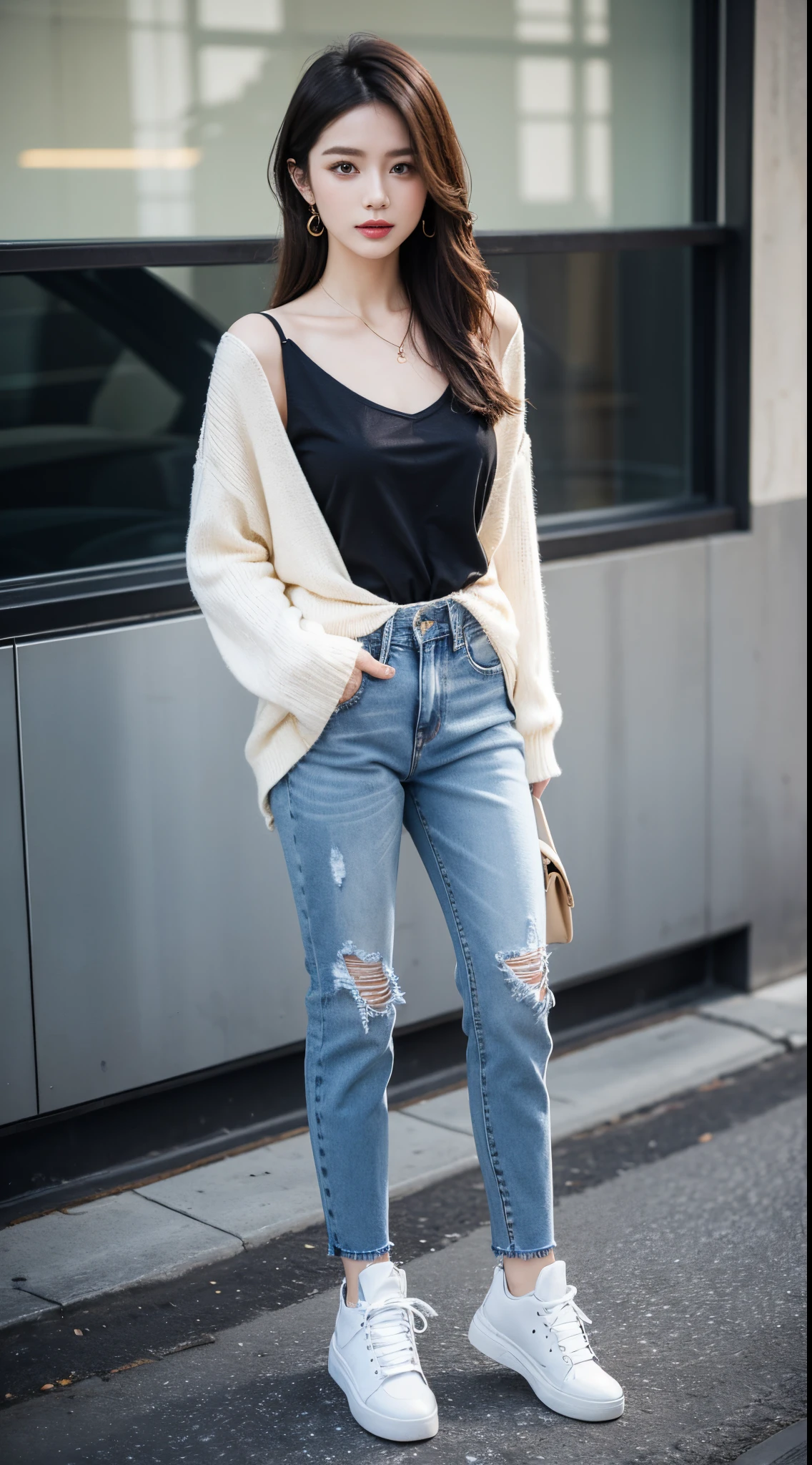 master piace, high quality, ultra detail, Chic casual woman, stylish and comfortable outfit, trendy jeans, fashionable blouse, sophisticated accessories, elegant sneakers or ankle boots, polished hairstyle, minimalistic makeup, effortlessly chic look.