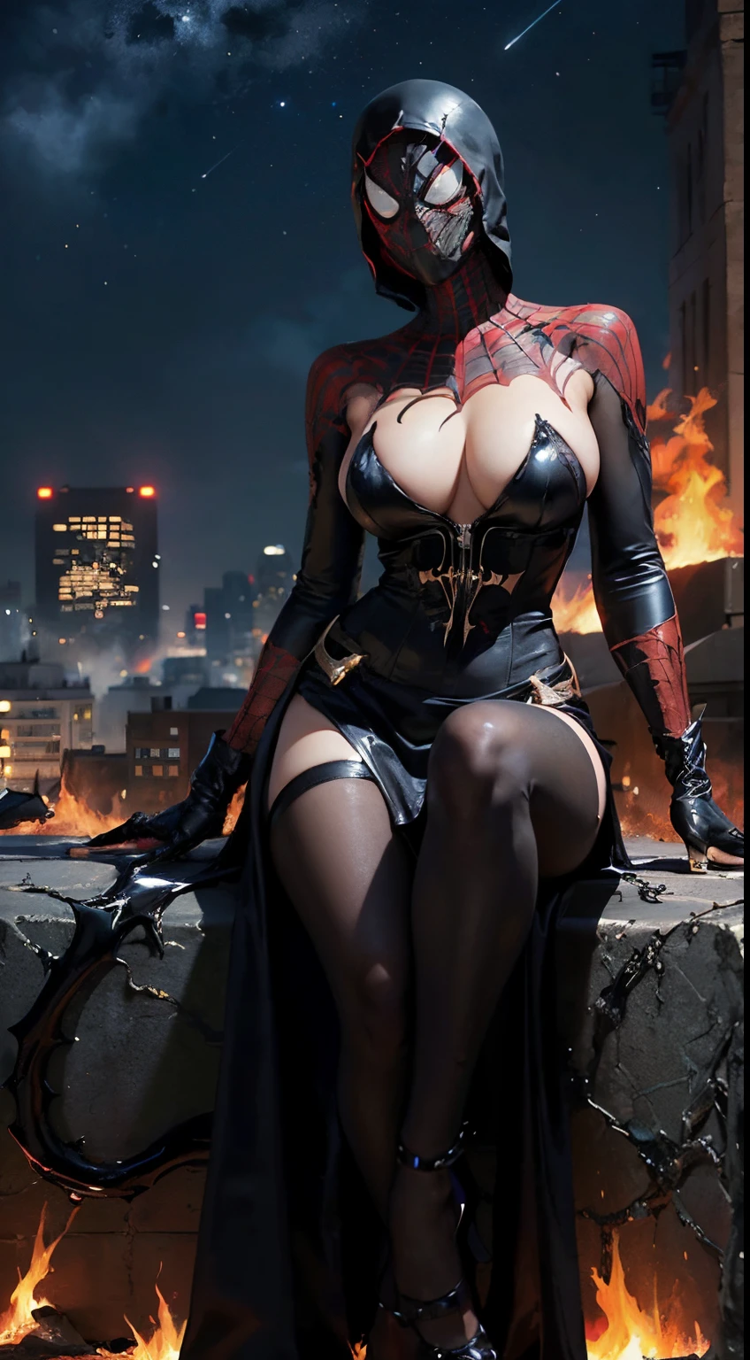 a solo beautiful asian girl, big tits, sexy ripped batman outfit, detailed, pretty, (dark city background), (night sky), black ripped corset detailed dress, (masterpiece), (good anatomy), ( spiderman venom mask), black hood, ((her clothes are burning in spots and her breasts are visible)), high heels, detailed head, ((venom)), burn, fire burning, black sticky slime everywhere