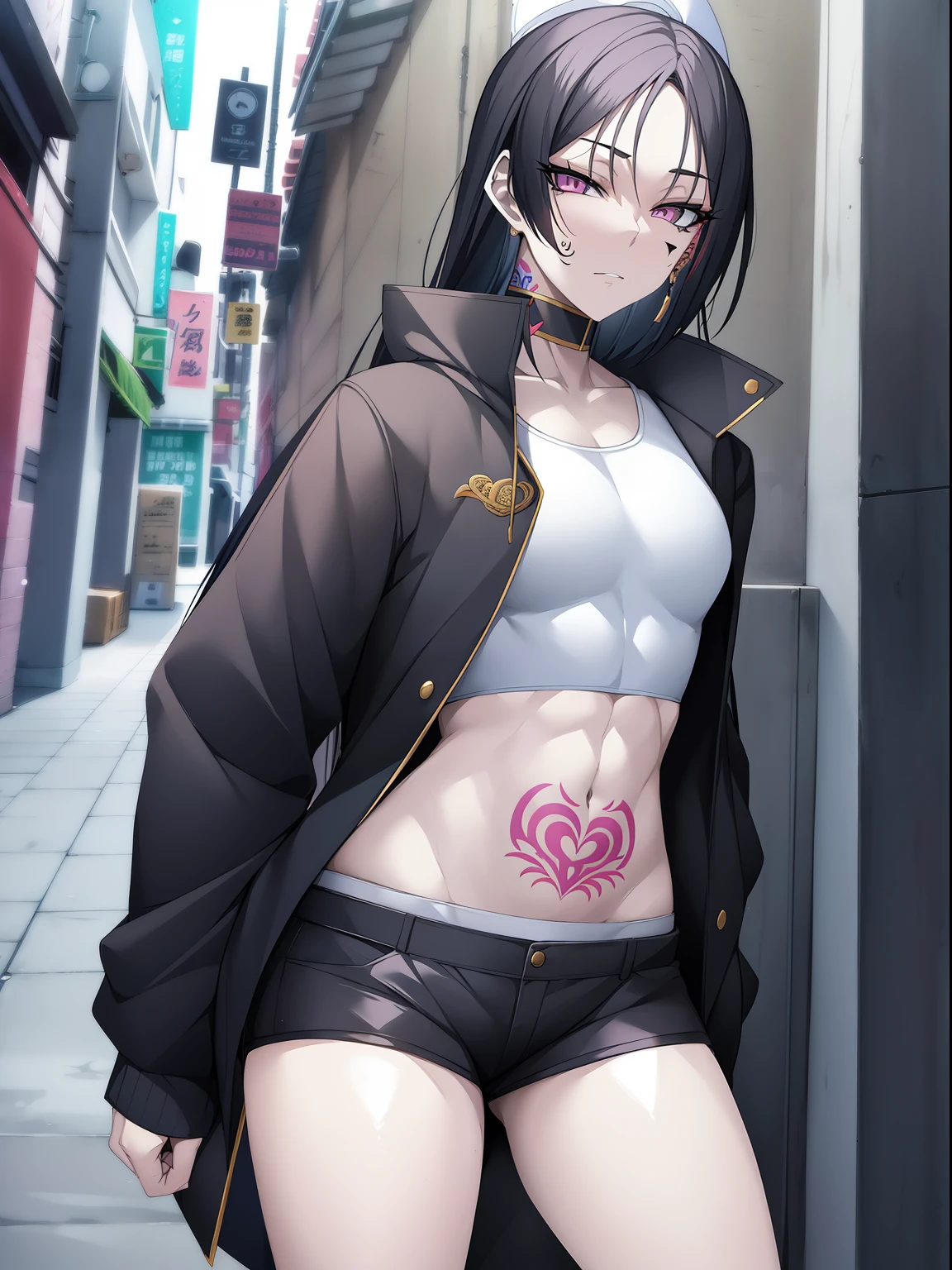 Anime, trap character, Young boy, 18 years old, Long hair, Short clothing, , Male Torso, woman face white top, Black jacket, Tattoo on the navel, Black hair, androgen, expression, Pink eyes, in the Alley, expression, Short shorts, 4k good anatomy, masutepiece, Detailed face, Best Quality