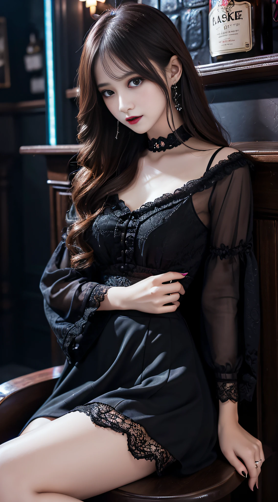 LTRA Details、Fascinating beauty、Dainty woman、Cool Girl、Wavy Hair、Black chiffon dress、Wide sleeves、flered skirt、Evil Female Executive、Evil Fall、brainwash、lacy fabric、Glossy legs、black lipstick、Evil look、Suspicious look、Hollow eyes、wicked、Reaching out、Arms up、in a dark pub