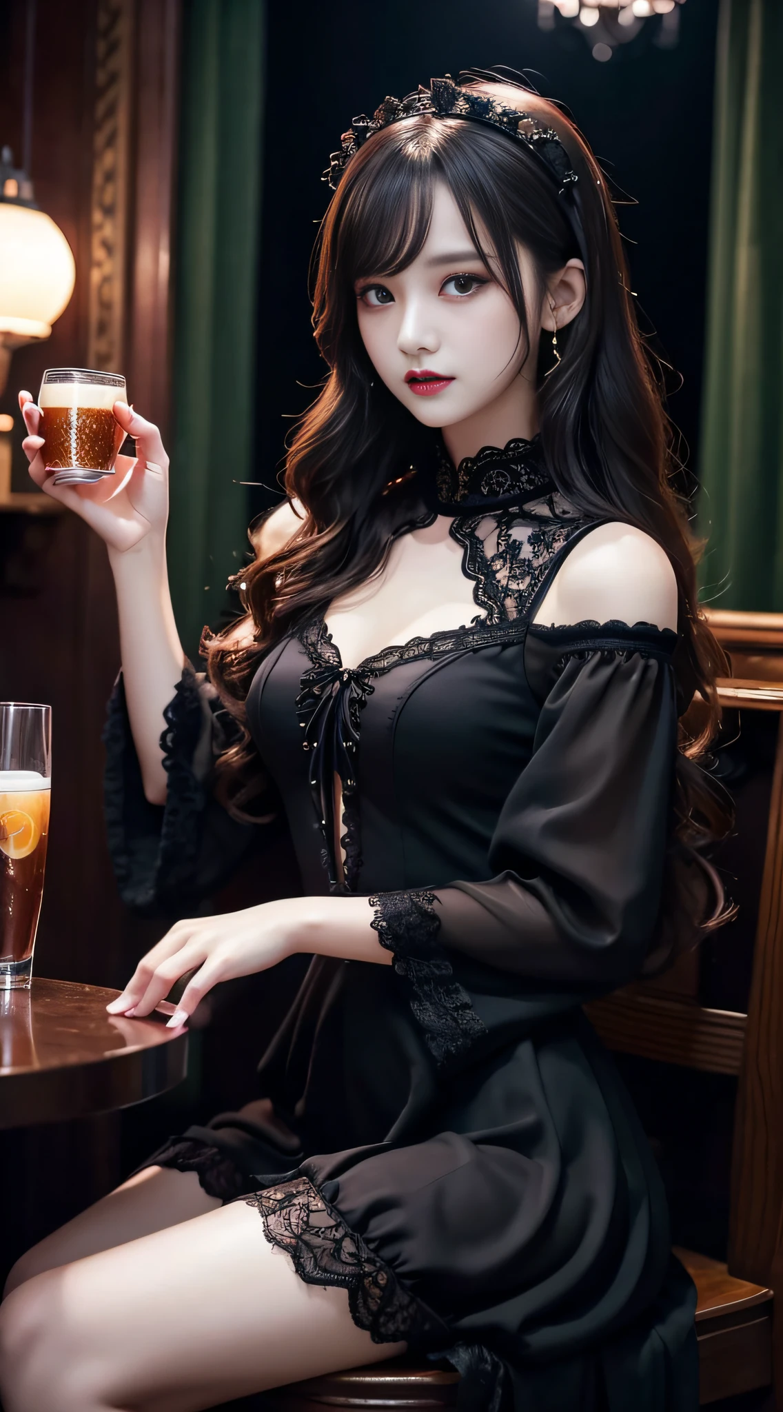 LTRA Details、Fascinating beauty、Dainty woman、Cool Girl、Wavy Hair、Black chiffon dress、Wide sleeves、flered skirt、Black pantyhose、Evil Female Executive、Evil Fall、brainwash、lacy fabric、Glossy legs、black lipstick、Evil look、Suspicious look、Hollow eyes、wicked、Reaching out、Arms up、in a dark pub