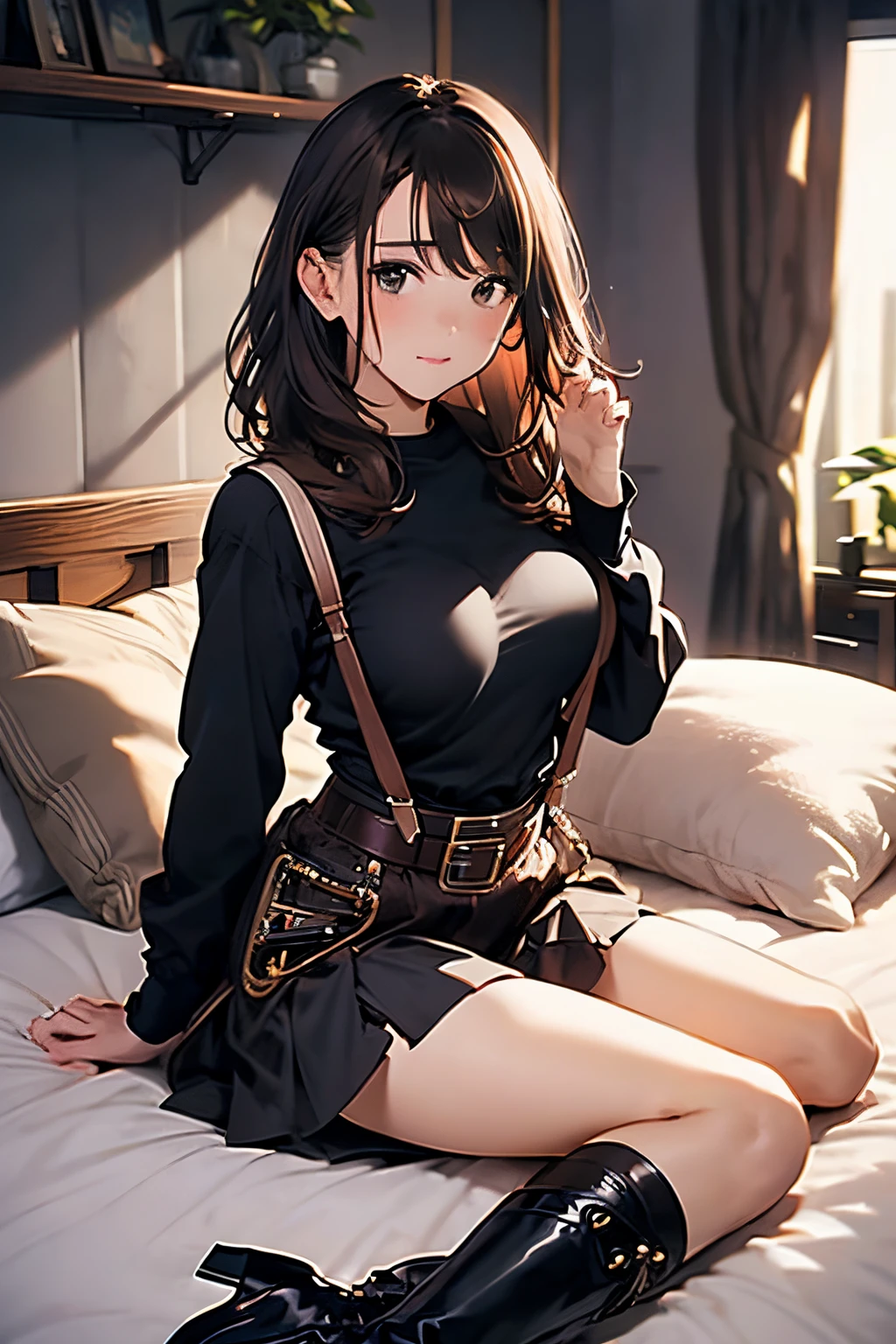 Brown hair、watching at viewers　　　black suspenders　　　Bulging big breasts　　 　 　　　walls: 　Black miniskirt　garters　　　　　　Gaze　　　Small face　bangss 　　　holster　　Belt Armament　Beautuful Women　srestrained　hands up　Lying in bed　Leg holster lying on the bed　　Gaze 　black boots panty shot