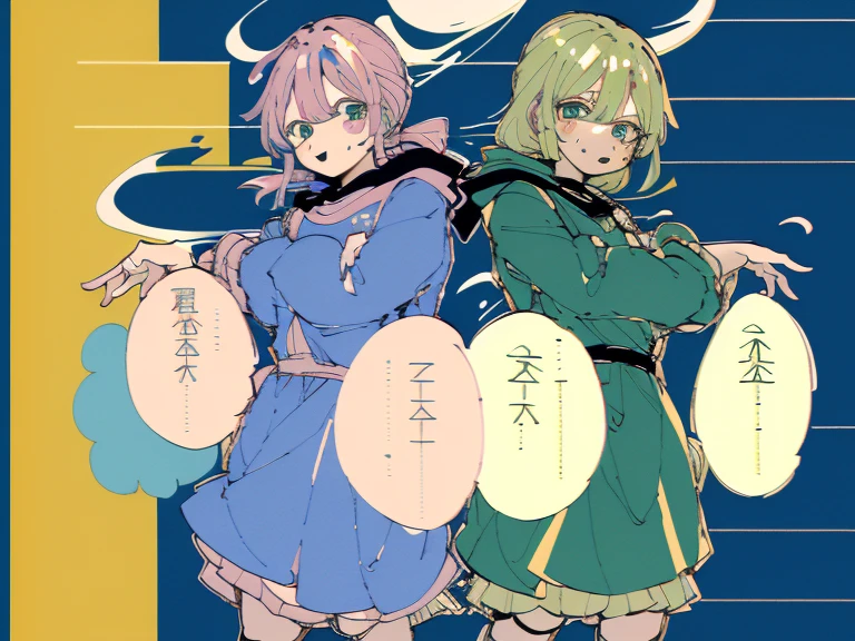 supreme, green down jacket,lime color hair,pink eyes,Standing on your feet,submachine gun,Detailed Genshin graphics,1girl in, ((Character information)、(Chara Leaf)、pastel dimmed colors, (Yellow color palette.:1.2, Blue:1.2, Pink:1.2), (Blue hair bun and blonde), Short fashionable skirt, Ruffles and lace, polka dot,(Lush pastel dresses), girl,Type sheet, Character Sheets, Three types,Shot Full Body,Game Character Design, green color, Green hoodie,
