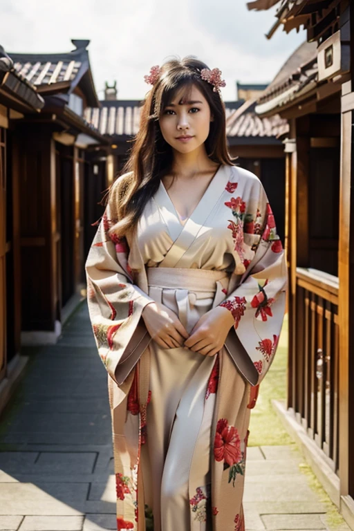 Best Quality, masutepiece, 超A high resolution, (Photorealistic:1.4), Raw photo, 1girl in, Beauty in kimono with a crane pattern, gros-plan, Looking at Viewer, castle town, Upstyle, Hair Ornament,Beautiful photoeautiful,fullbody image,