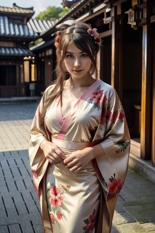 Best Quality, masutepiece, 超A high resolution, (Photorealistic:1.4), Raw photo, 1girl in, Beauty in kimono with a crane pattern, gros-plan, Looking at Viewer, castle town, Upstyle, Hair Ornament,Beautiful photoeautiful,fullbody image,