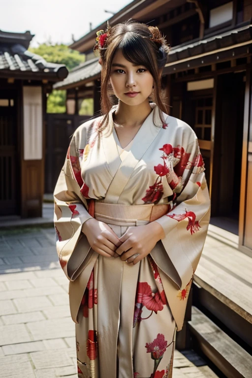 Best Quality, masutepiece, 超A high resolution, (Photorealistic:1.4), Raw photo, 1girl in, Beauty in kimono with a crane pattern, gros-plan, Looking at Viewer, castle town, Upstyle, Hair Ornament,Beautiful photoeautiful,fullbody image,