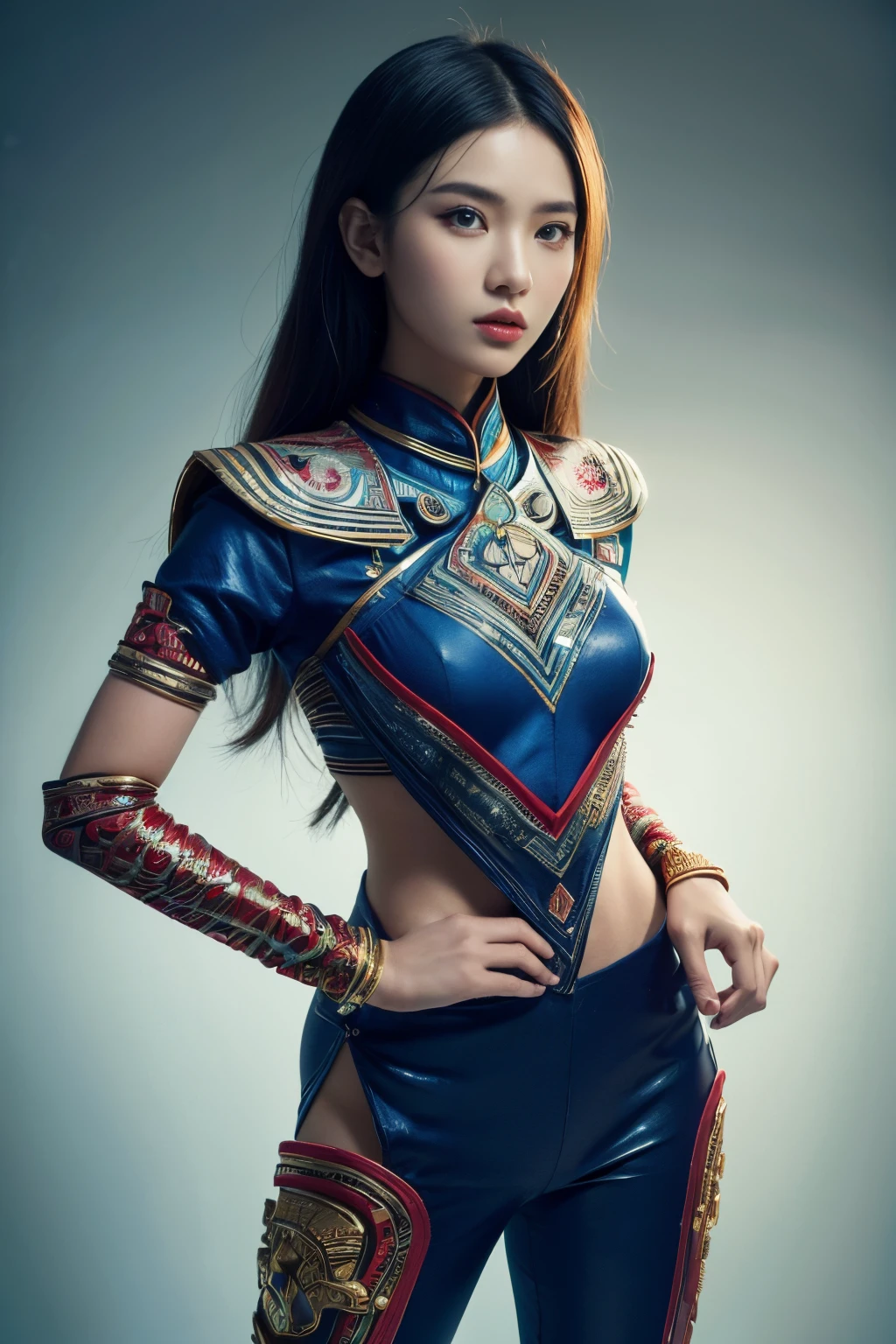 A woman in a blue and red outfit posing for a picture - SeaArt AI