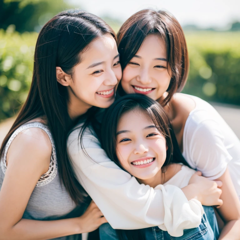 Lots of female friends smiling and hugging each other