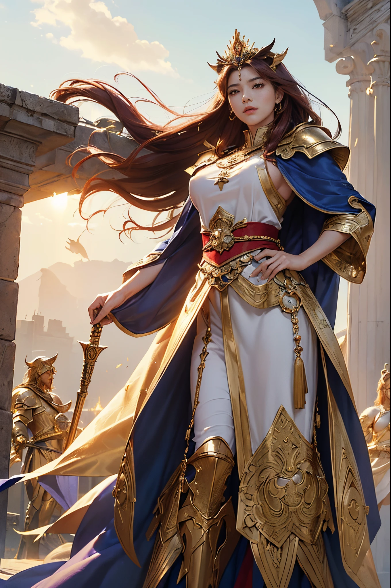 ((​masterpiece)))、(((top-quality)))、((ultra-detailliert))、(A hyper-realistic)、(highly detailed CGillustration）、Official art、Lion motif、gold and red toneantasia、Ancient mythology、Ancient Mesopotamia、Eventide、battle field、Mystical、solemnity、An majestic、Best Quality, ​master piece、Eventide、Incarnation of the Morning Star、Ishtar, Goddess of War、Battlefield Commander、guardian of babylon、Increase your fighting spirit、Invincible Great General、Awe-inspiring Hall々、brave、Honor of Babylon、treasure of babylon、Veteran Hero、The unparalleled beauty of slender eyes、Rin々Right、Guardian of the Lions、refinement、noble、Proud、Wearing noble jewelry、Equip your weapons、Luxurious appearance and golden armor、Cloak wrapped in the wind、Tall and lean、Perfect model body shape、fiery red long hair、Perfect Angle、perfect-composition、low angle body esbian
