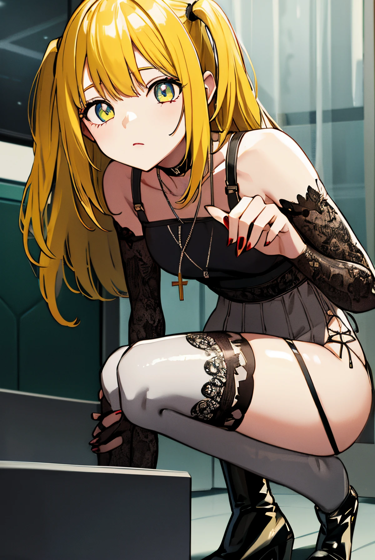 misaamane, misa amane, long hair, bangrown eyes:1.7), (yellow hair:1.5), blunt bangs, (two side up:1.5), red lips, lipstick, solo, 1girl,
BREAK thighhighs, dress, jewelry, collarbone, boots, detached sleeves, choker, black thighhighs, necklace, black footwear, black dress, sleeveless dress, garter straps, black choker, short dress, floral print, cross, red nails, cross necklace,
BREAK looking at viewer,
BREAK indoors,
BREAK (masterpiece:1.2), best quality, high resolution, unity 8k wallpaper, (illustration:0.8), (beautiful detailed eyes:1.6), extremely detailed face, perfect lighting, extremely detailed CG, (perfect hands, perfect anatomy),
