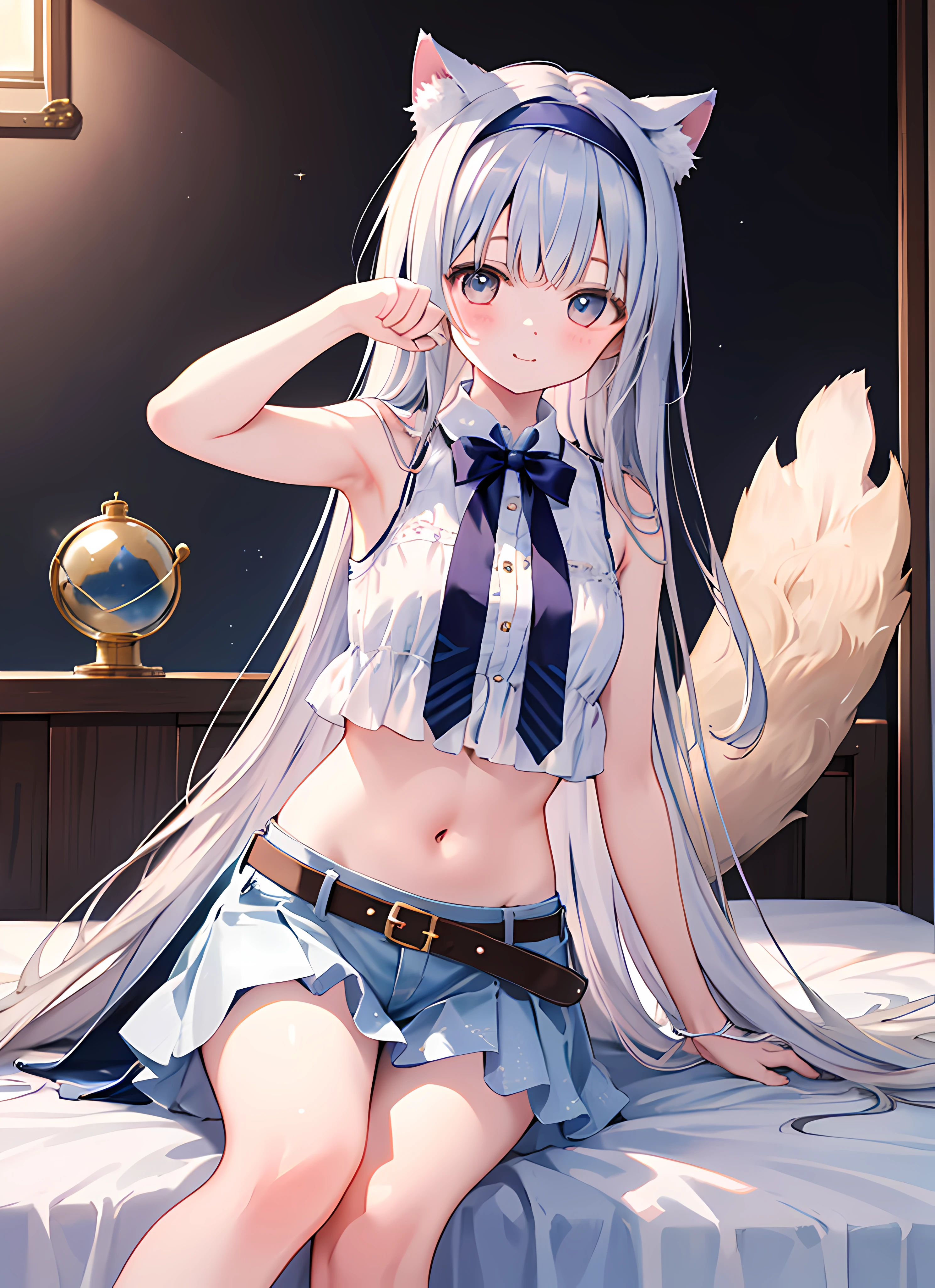 (((tmasterpiece: 1.5, Best quality, A high resolution: 1.3, Hyper-Resolution, ultra - detailed, ultra - detailed:1.3, rich background:1.2))), One of China, yellow eyes, Flutter, Very long hair, bluntbangs, cute hairpin, influencer, scantily clad, the good, navel, , looking at viewert, Light particles, 鎖骨, Belt slipping, close your mouth, Indoors, jewely, Sleeveless, Bedrooms, sit on a bed, Claw type, paw pose, tilt of the head, Cat's ear headband, LOP, middlebreast