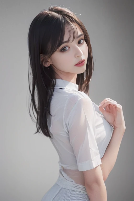"(best quality, 8k, highres, photorealistic:2.0), (one girl:2.0), pale-skinned woman, woman with her back facing the viewer, very smooth skin, woman looking at the viewer, bright and gentle smile, big-eyed woman:1.2, cool makeup, white shirt, tie, skirt."