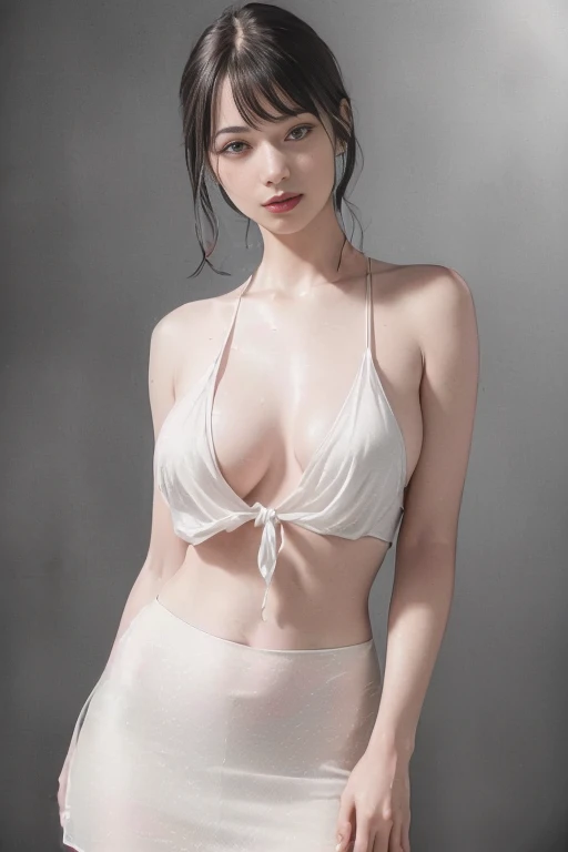 "(best quality, 8k, highres, photorealistic:2.0), (one girl:2.0), pale-skinned woman, woman with her back facing the viewer, very smooth skin, woman looking at the viewer, bright and gentle smile, big-eyed woman:1.2, cool makeup, white shirt, tie, skirt."