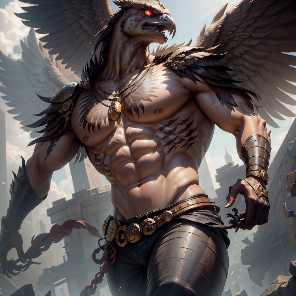 bird beyond male imagination This unimaginable humanoid figure was ferocious and terrifying. It has the head of a male bird. It had the appearance of a burly man. best anatomy Red-purple-green skin, black feathers, large red wings spread out. evil smiley face Wear jewelry made of rough metal. Jewelry made from animal bones Burnt brown cloth pants The fabric is rough and unattractive. The mobile phone, the wheel, the three beauties, the metal weapons are not smooth. Fly in the sky, highest texture resolution The most perfect shape Masterpiece quality The most realistic picture Maximum realism and detail The best light and shadow Best light and shadow quality, FullHD studio images, 3D perspective, black background.