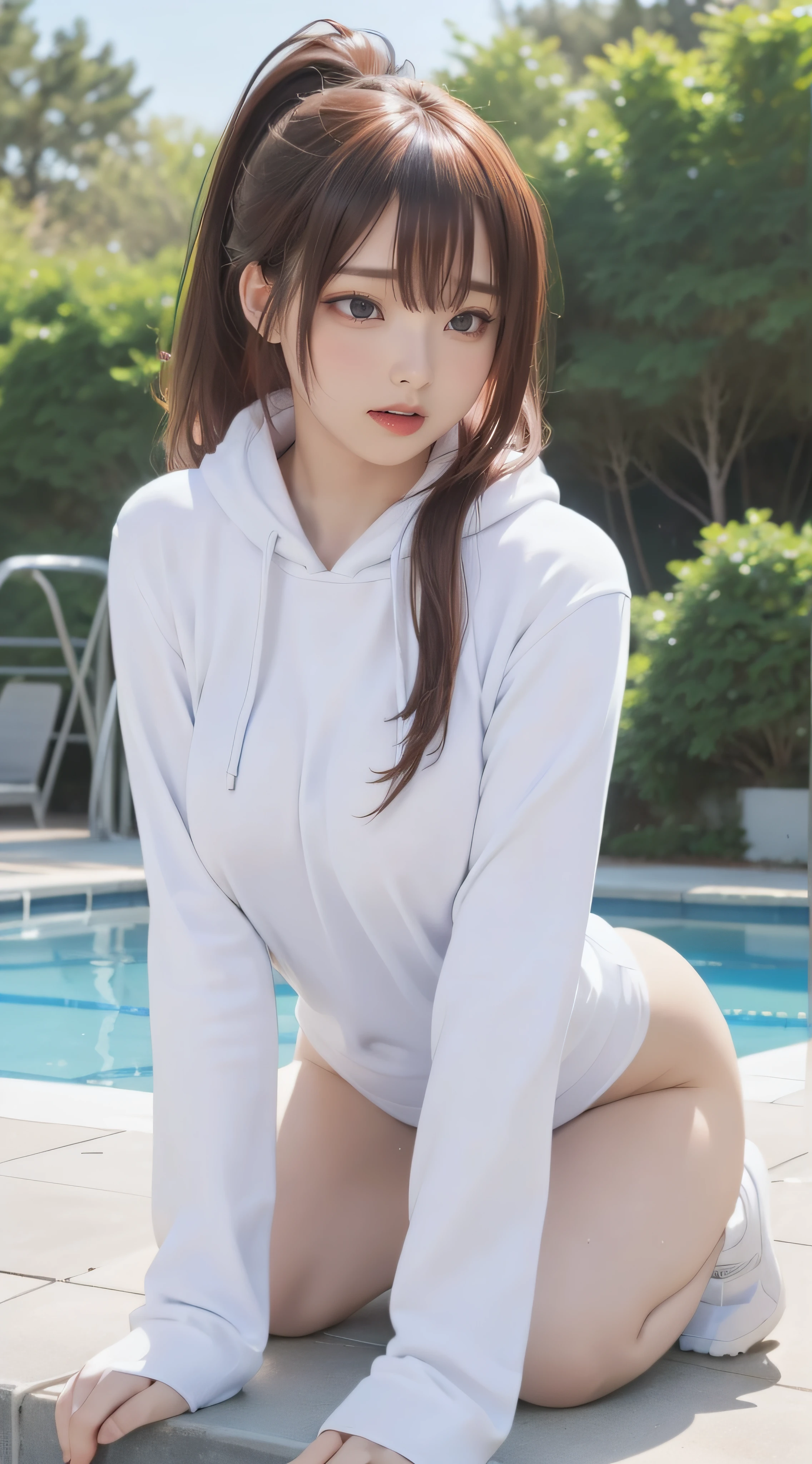 (Pornographic Images:1.5),((1girl in:1.5),(Curve:1.2),Petite,Beautiful breasts,(huge-breasted),pale skin,(Erect nipples)),((Realistic),High resolution,Best Quality,masutepiece,(presence),((Dynamic:1.5,Bold:1.5)))),((Extra Long High Ponytail),(Thin hair:1.5),Wet hair,(Straight hair),swept bangs,(Extra bright coppery red hair),(Hair over one eye),hair blowing in wind),(Pool side,Sunlight),((Clothed),white pullover hoodie),NSFW,all-fours