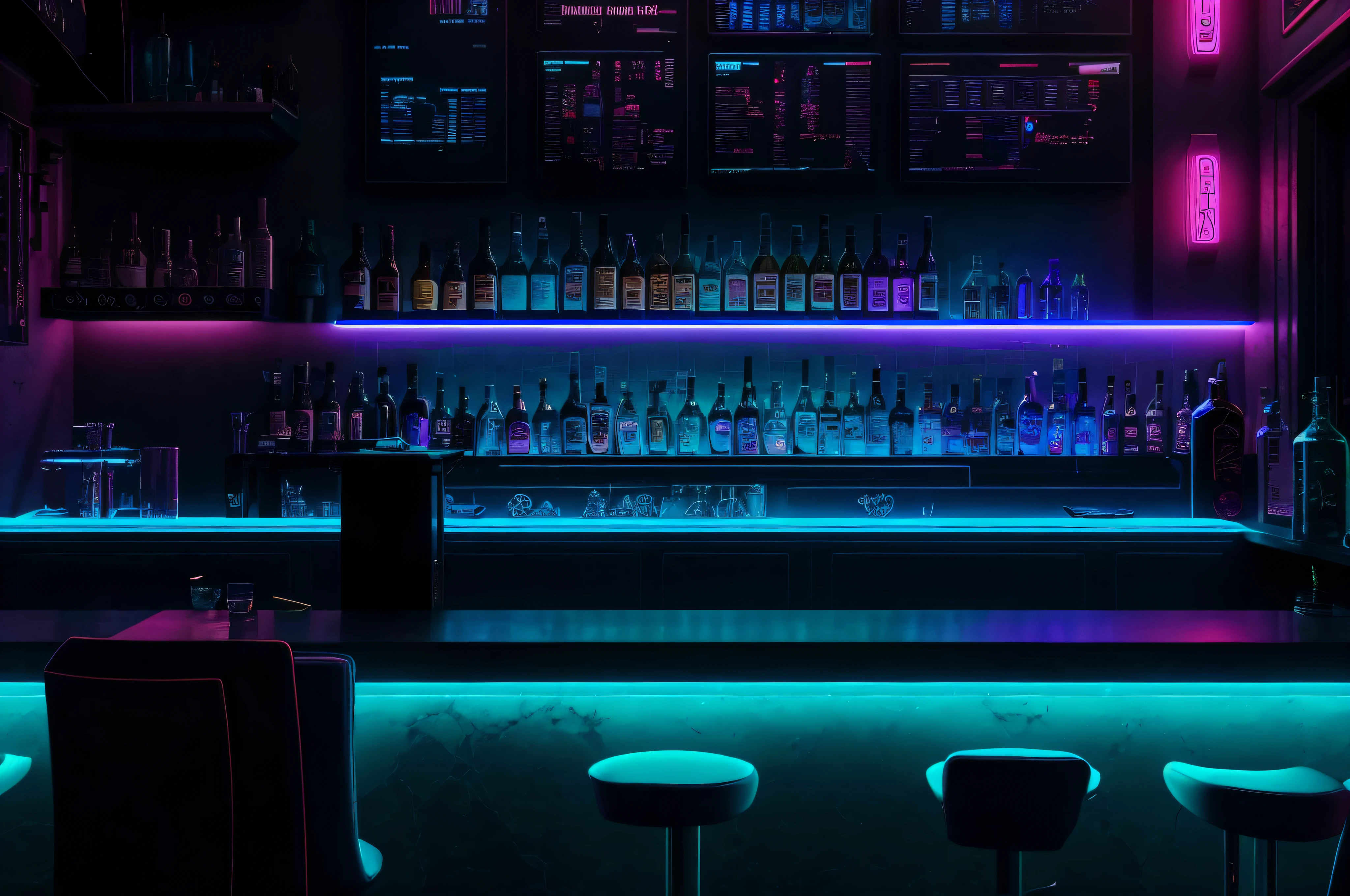 Realistic cyberpunk bar bar counter with cyan lights,Close-up cleavage,Magnified,k hd,Street