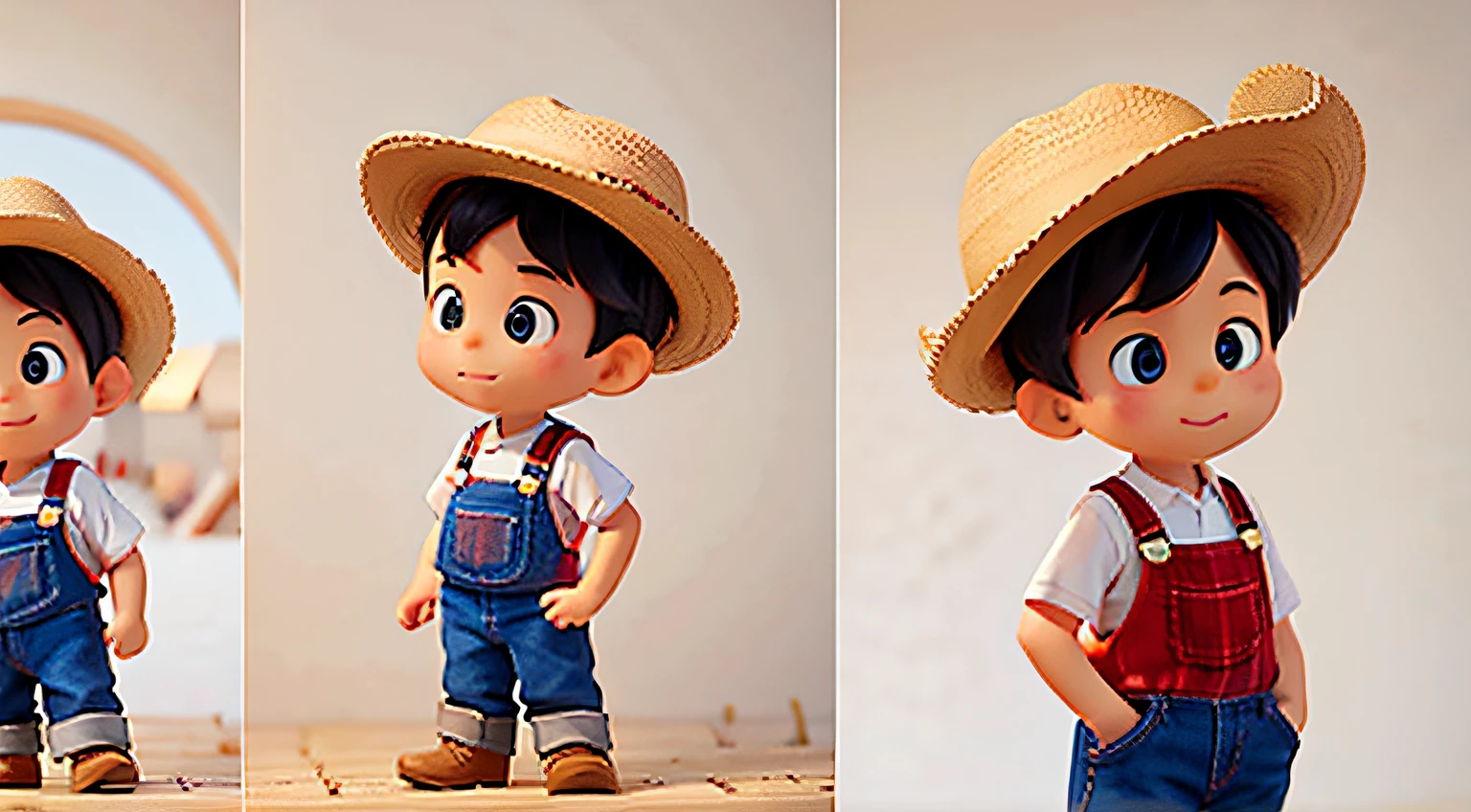 lindo fazendeiro, , small child, multiples poses and expressions, fundo branco, Children's book illustration style, simples, fofo, 5 anos, CORES BRIHGT, cabelo preto curto, pele clara, corpo inteiro, roupas de fazendeiro, wearing a red plaid shirt and a cowboy hat