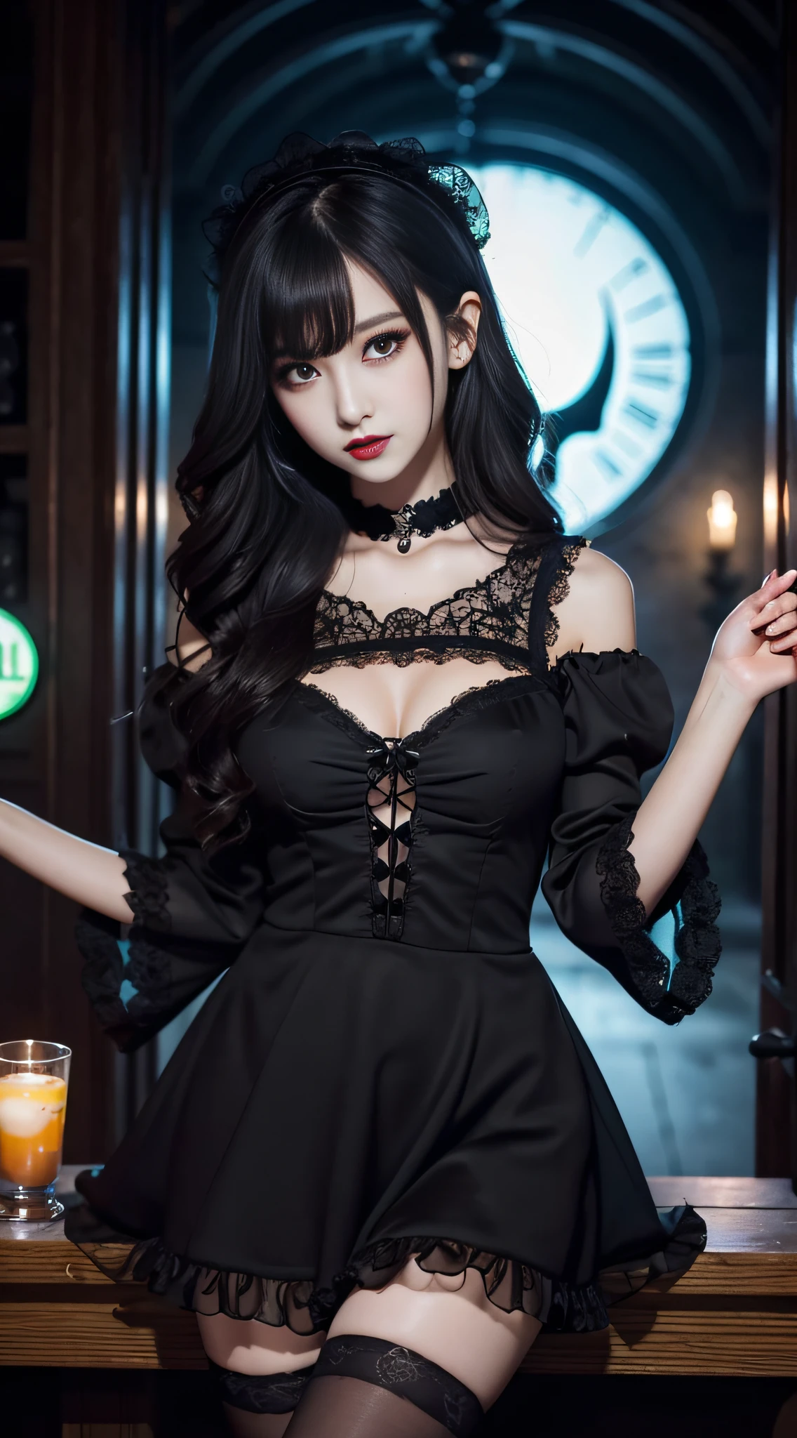LTRA Details、Fascinating beauty、Dainty woman、Cool Girl、Wavy Hair、Black chiffon dress、Wide sleeves、flered skirt、Black pantyhose、Evil Female Executive、Evil Fall、brainwash、lacy fabric、Glossy legs、black lipstick、Evil look、Suspicious look、Hollow eyes、wicked、Reaching out、Arms up、in a dark pub