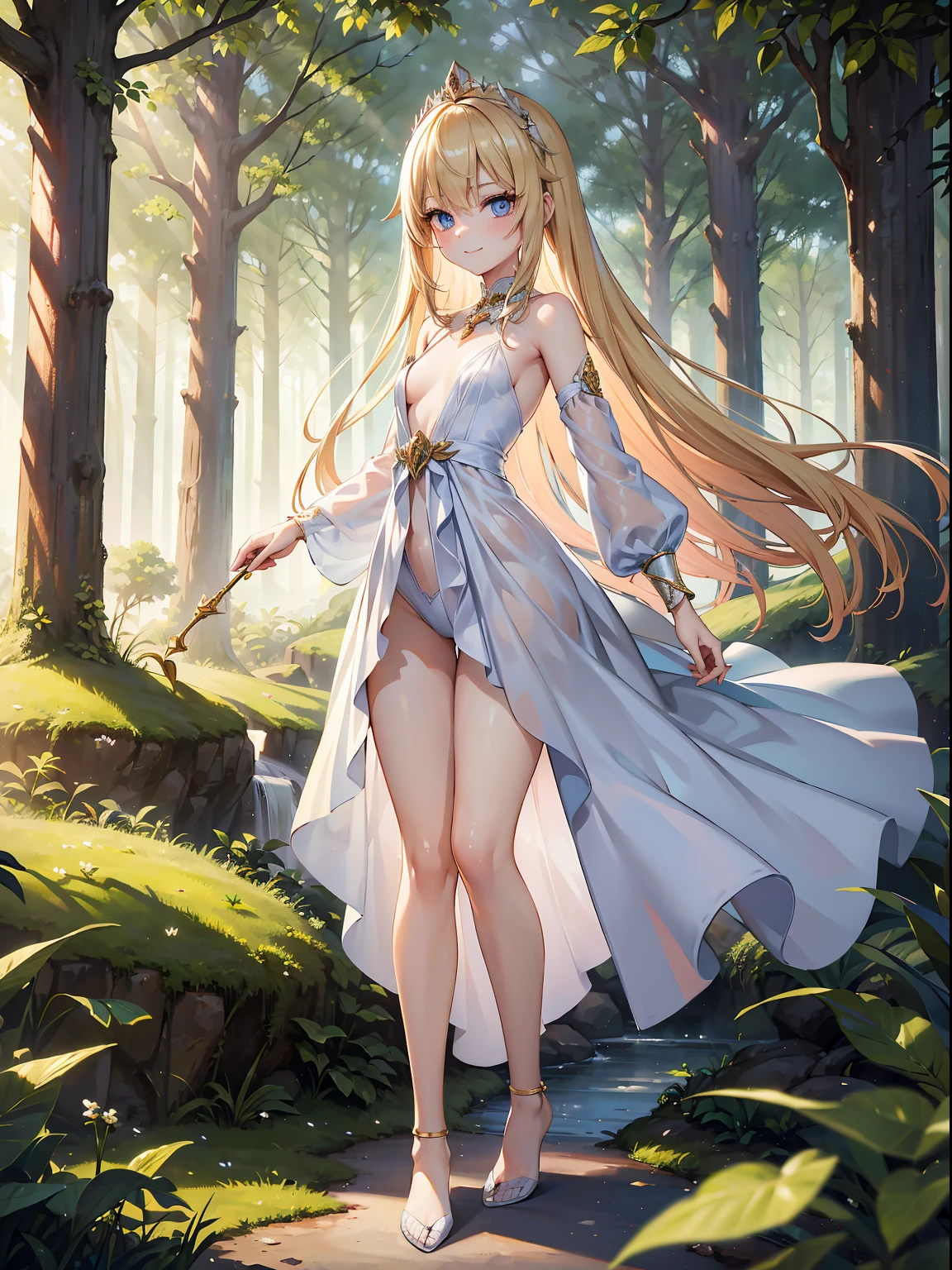 2D illustration, anime-style, ((close-up of one person, looking up at the person from below)), (((standing)))), fascinated expression, looking at the camera, beautiful girl, elf, (), blonde, blue-eyed, hair ornament, (((almost naked))), (without panties)), ((without bra)), (colorless transparent robe with minimal cloth area)), equipped with collars, bangles, anklets, sandals, magic wand, Wet body, wet clothing, floating hem, ancient ruins eroded by vegetation, waterside, light on the surface of the water, atmosphere of night, starry sky, crosswind, ambient occlusion, halation