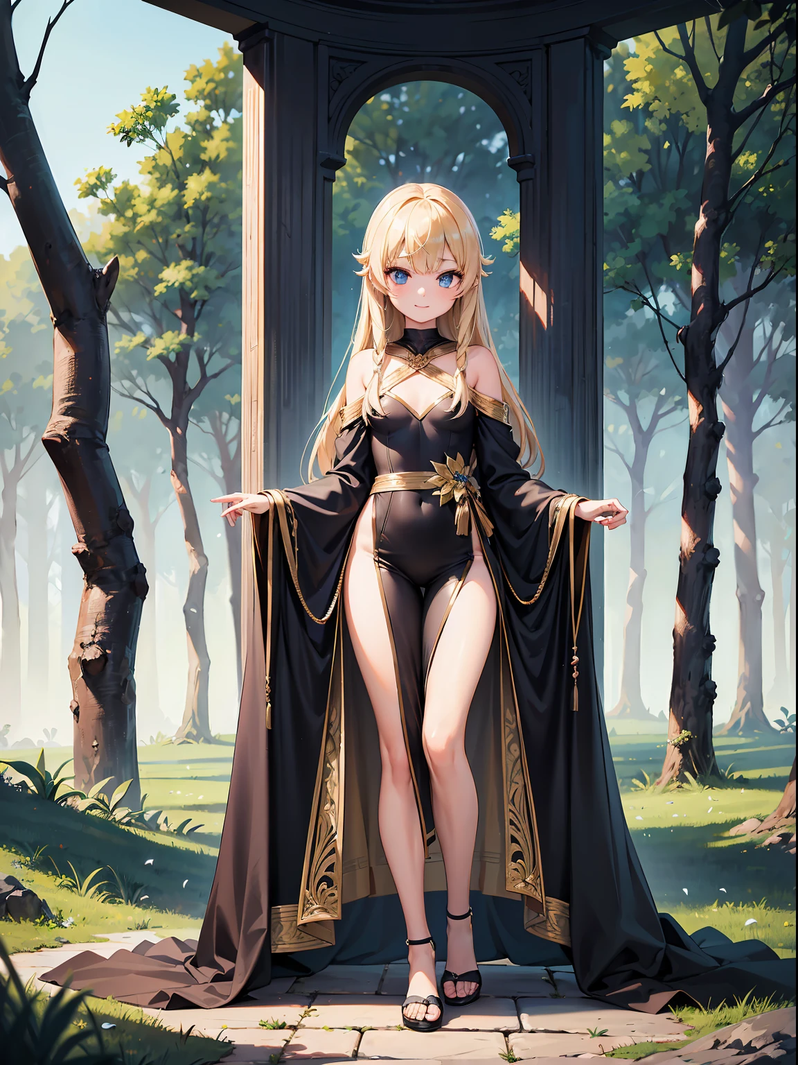 ((4k、8k、top-quality、perfect fingers: 1.3、perfect anatomia: 1.3、Background blur))、1人、((、small tits、Cute eyes、stright long hair、a beautiful slender girl))、 (frilld、long-sleeve、knights、armor leotard、Beautiful decorative headband):1.1、((Full-body angle))、in a quiet forest、Shy laughter、