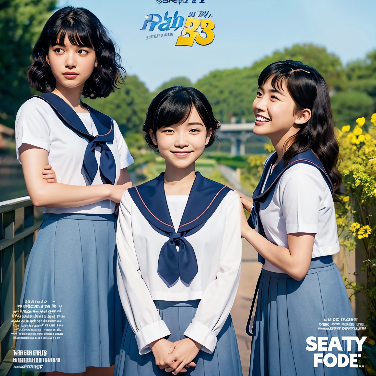 Disney Pixar poster featuring three girls wearing Japanese navy blue sailor uniforms。 The person on the left has her hair tied up。The person in the middle also has her hair tied up.。The person on the left has her hair down.。I'm Bob。Three people standing together and taking a photo。